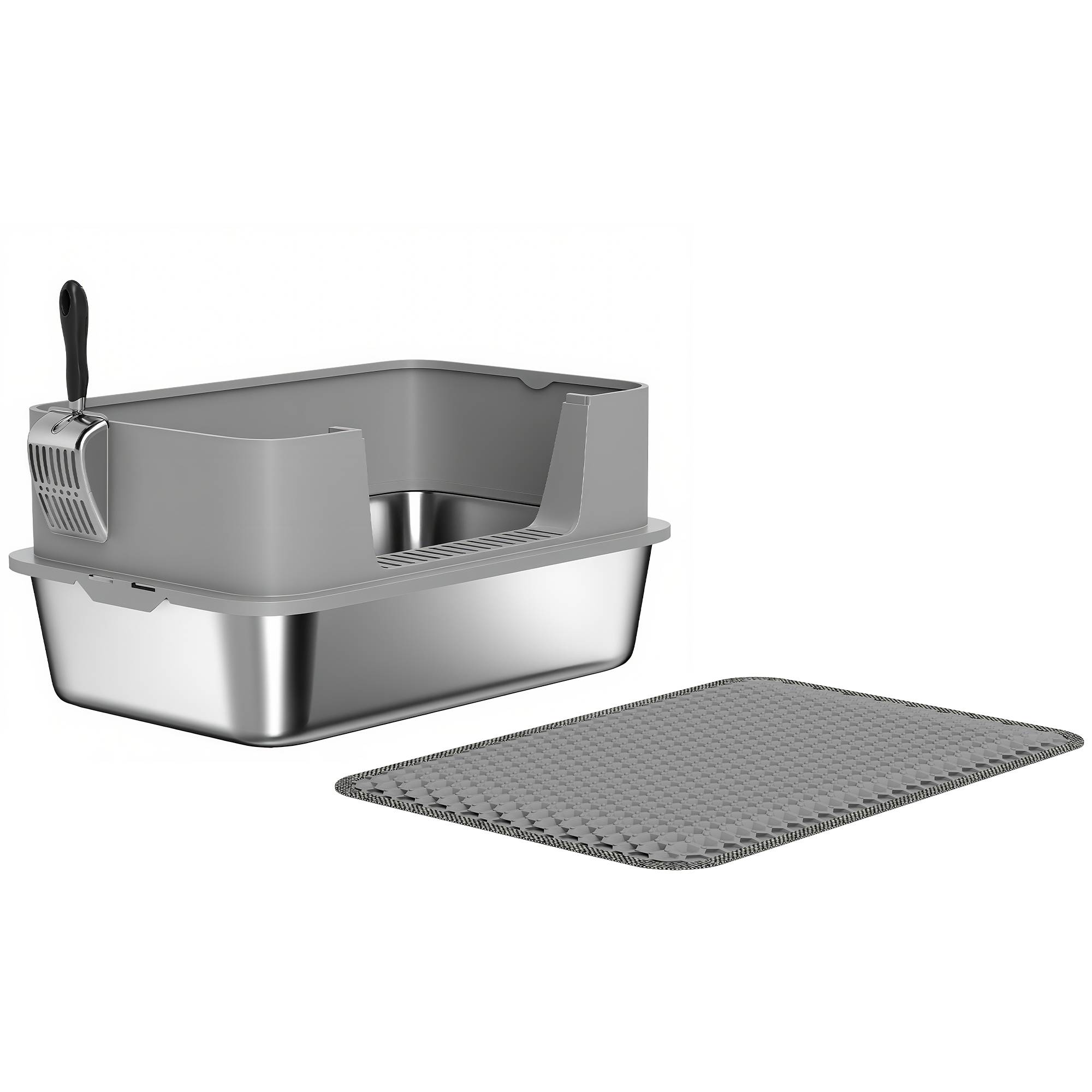 Bac à litière acier inoxydable intérieur hygiène chat bord haut 60cm gris - ComfortXL Outdoor Living - Image 2