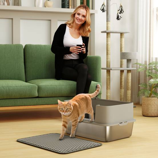 Bac à litière acier inoxydable intérieur hygiène chat bord haut 60cm gris - ComfortXL Outdoor Living - Image 4