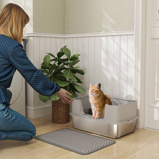 Bac à litière acier inoxydable intérieur hygiène chat bord haut 60cm gris - ComfortXL Outdoor Living - Image 3