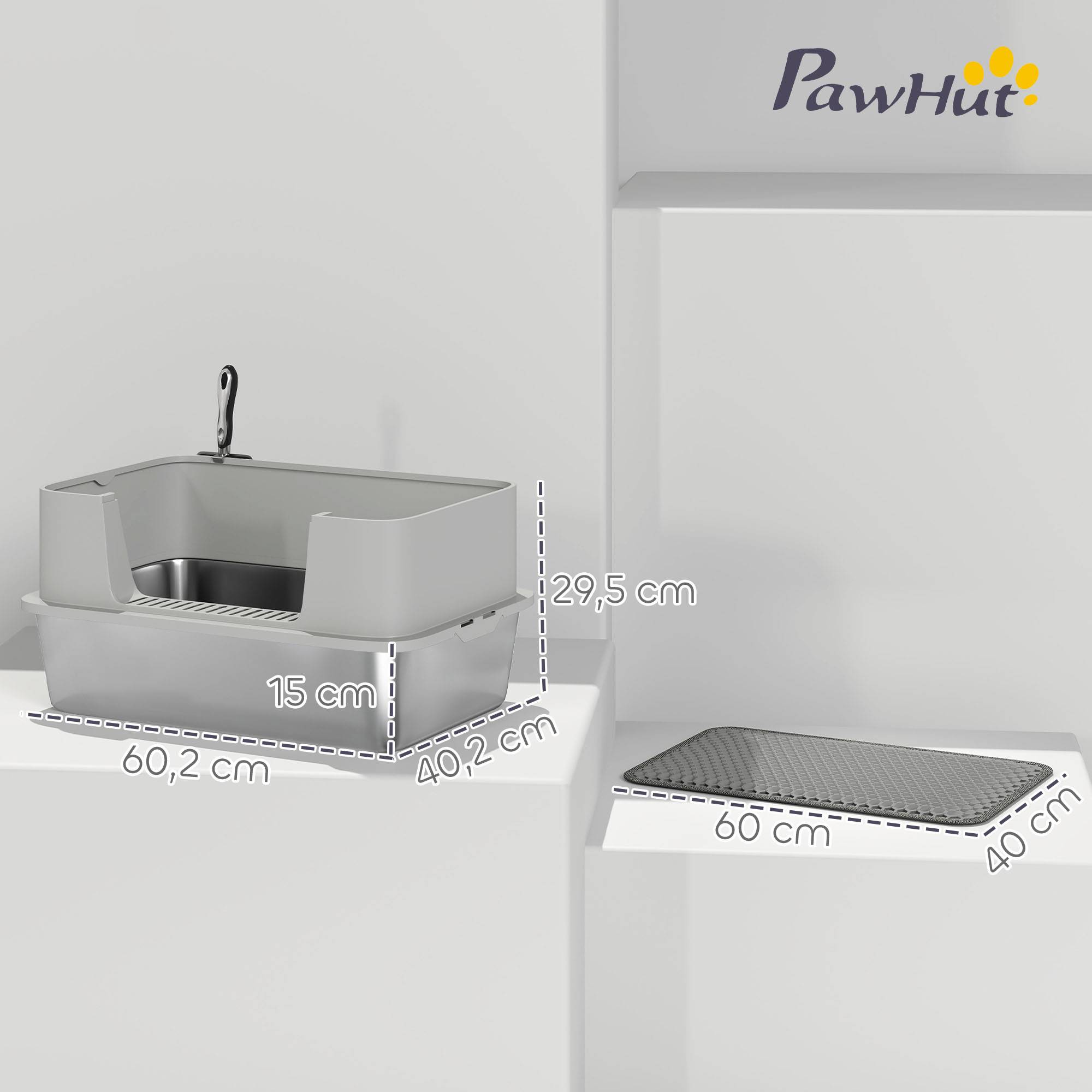 Bac à litière acier inoxydable intérieur hygiène chat bord haut 60cm gris - ComfortXL Outdoor Living - Image 5