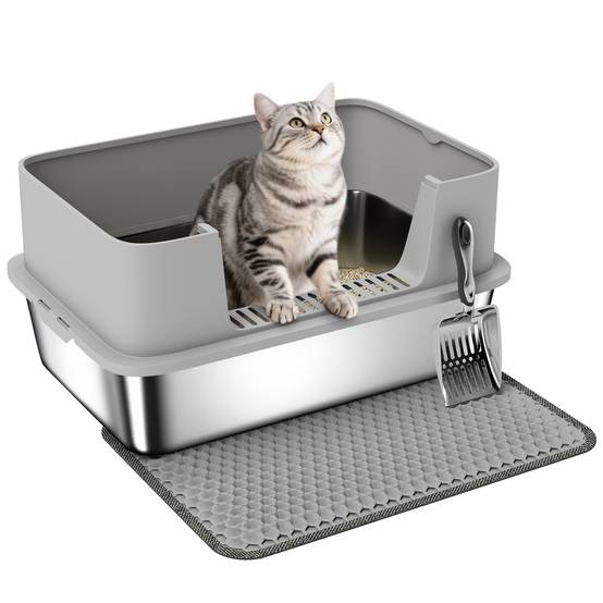 Bac à litière acier inoxydable intérieur hygiène chat bord haut 60cm gris - ComfortXL Outdoor Living - Image 1