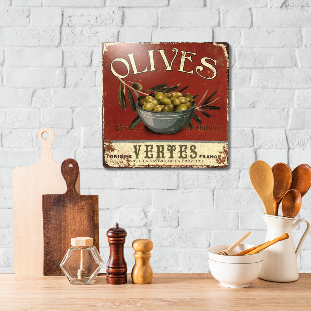 ~ Plaque murale décorative vintage fer rouge Olives vertes 30x30cm Chemin de campagne - Image 2