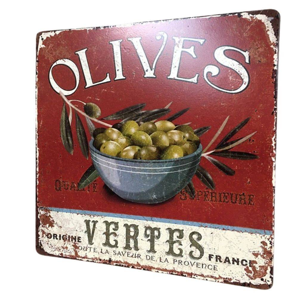 ~ Plaque murale décorative vintage fer rouge Olives vertes 30x30cm Chemin de campagne - Imagen 1