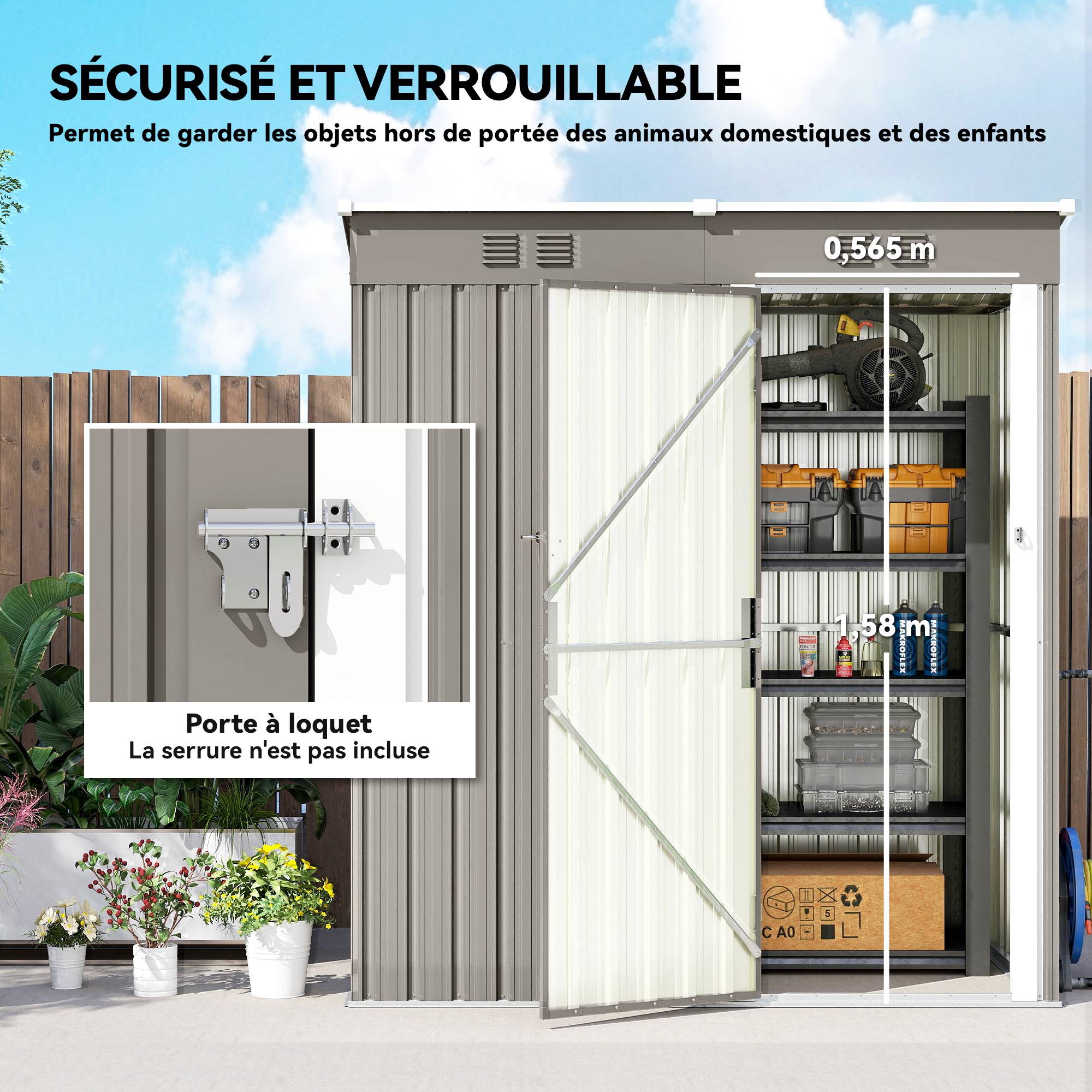 Abri de jardin adossable acier rangement terrasse toit incliné 163x90x179cm gris - ComfortXL Outdoor Living - Image 9