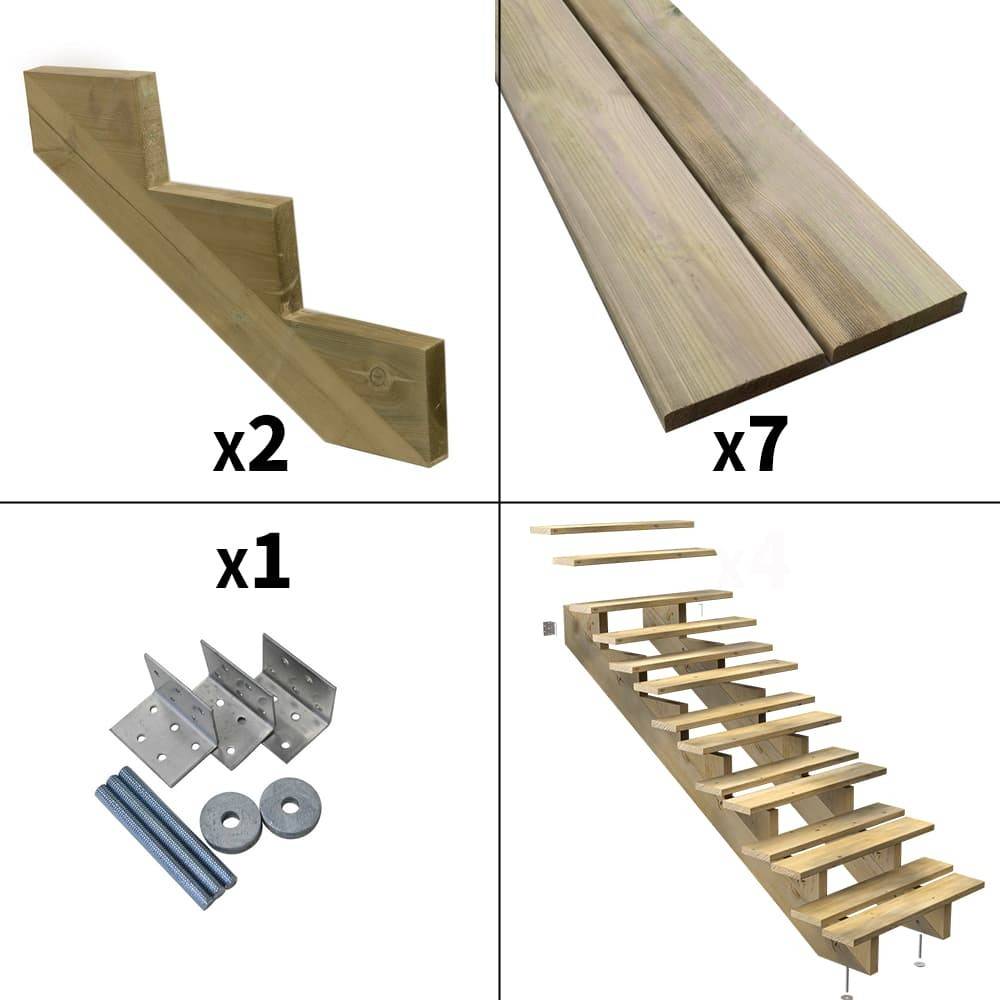 Escalier Bois Exterieur - 7 Marches - Largeur : 80 cm - Marches découpables - Sans Contremarches - Pin du Nord - Imagen 2