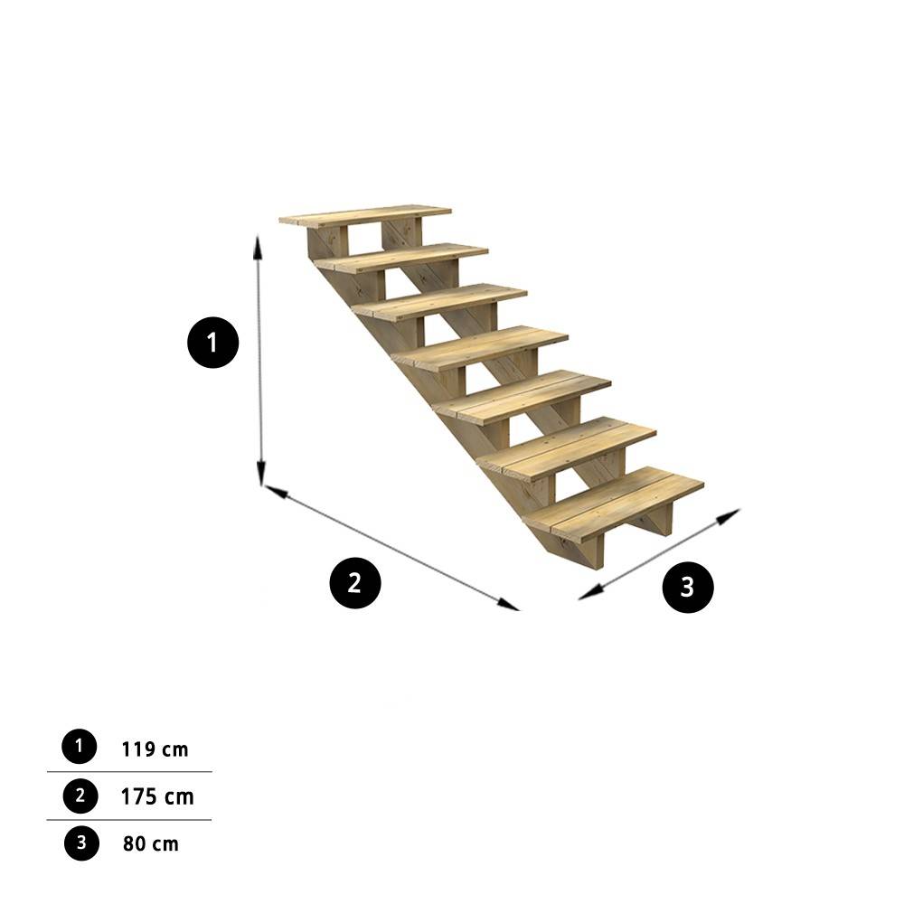 Escalier Bois Exterieur - 7 Marches - Largeur : 80 cm - Marches découpables - Sans Contremarches - Pin du Nord - Imagen 3