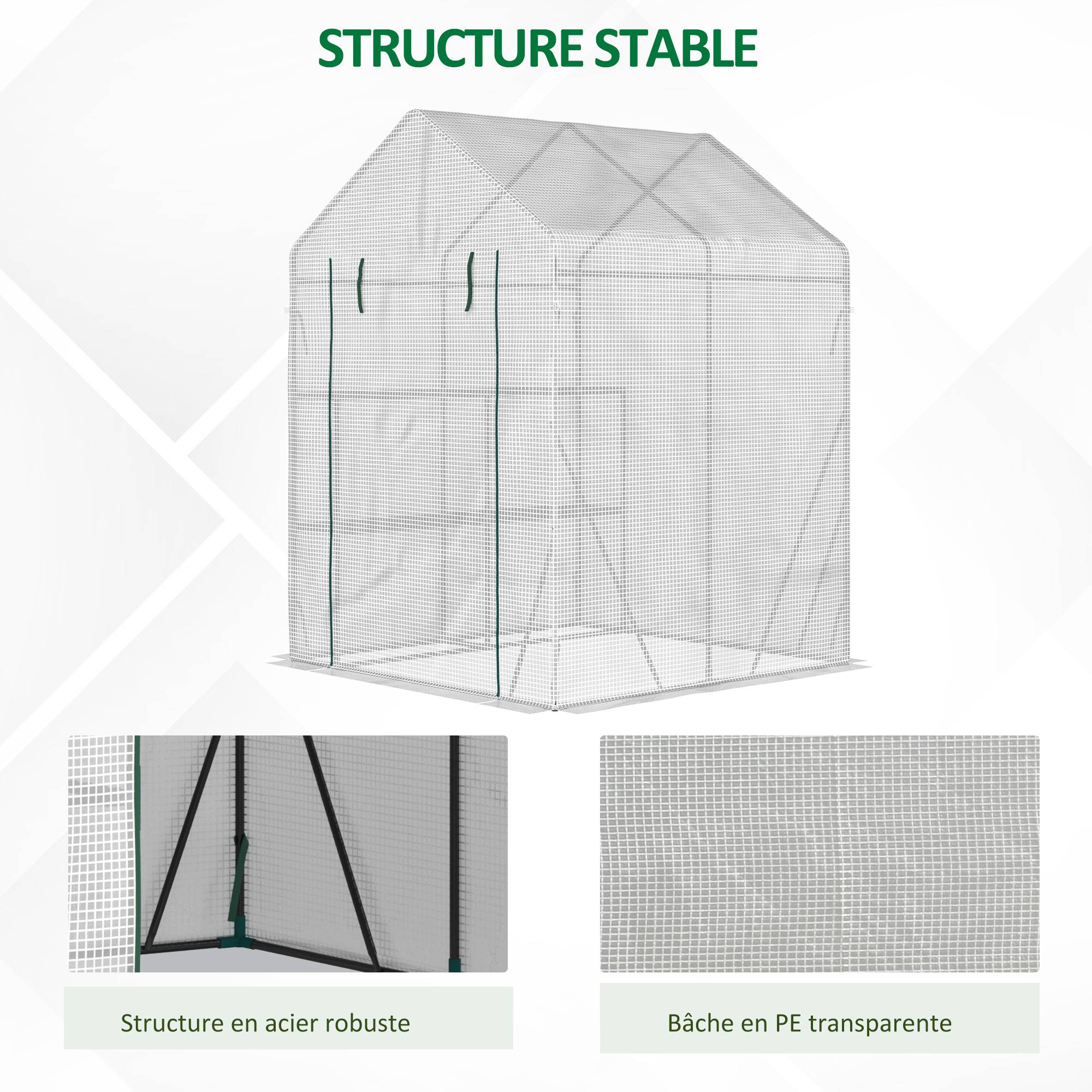 Serre de jardin PE 2 niveaux 143x143x195 cm avec étagères, bâche renforcée 140 g/m², structure acier, porte zippée, blanc - Image 8