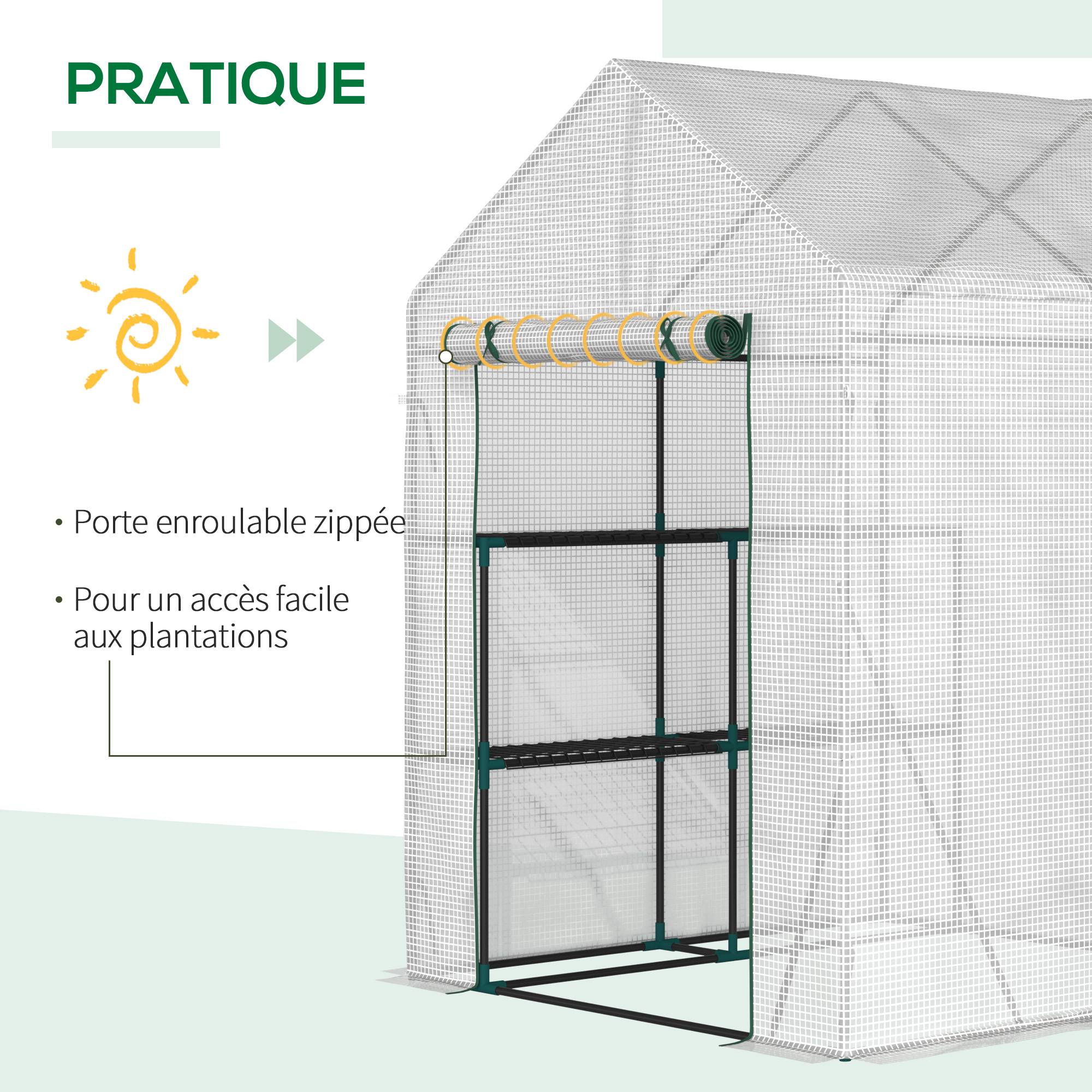 Serre de jardin PE 2 niveaux 143x143x195 cm avec étagères, bâche renforcée 140 g/m², structure acier, porte zippée, blanc - Image 7