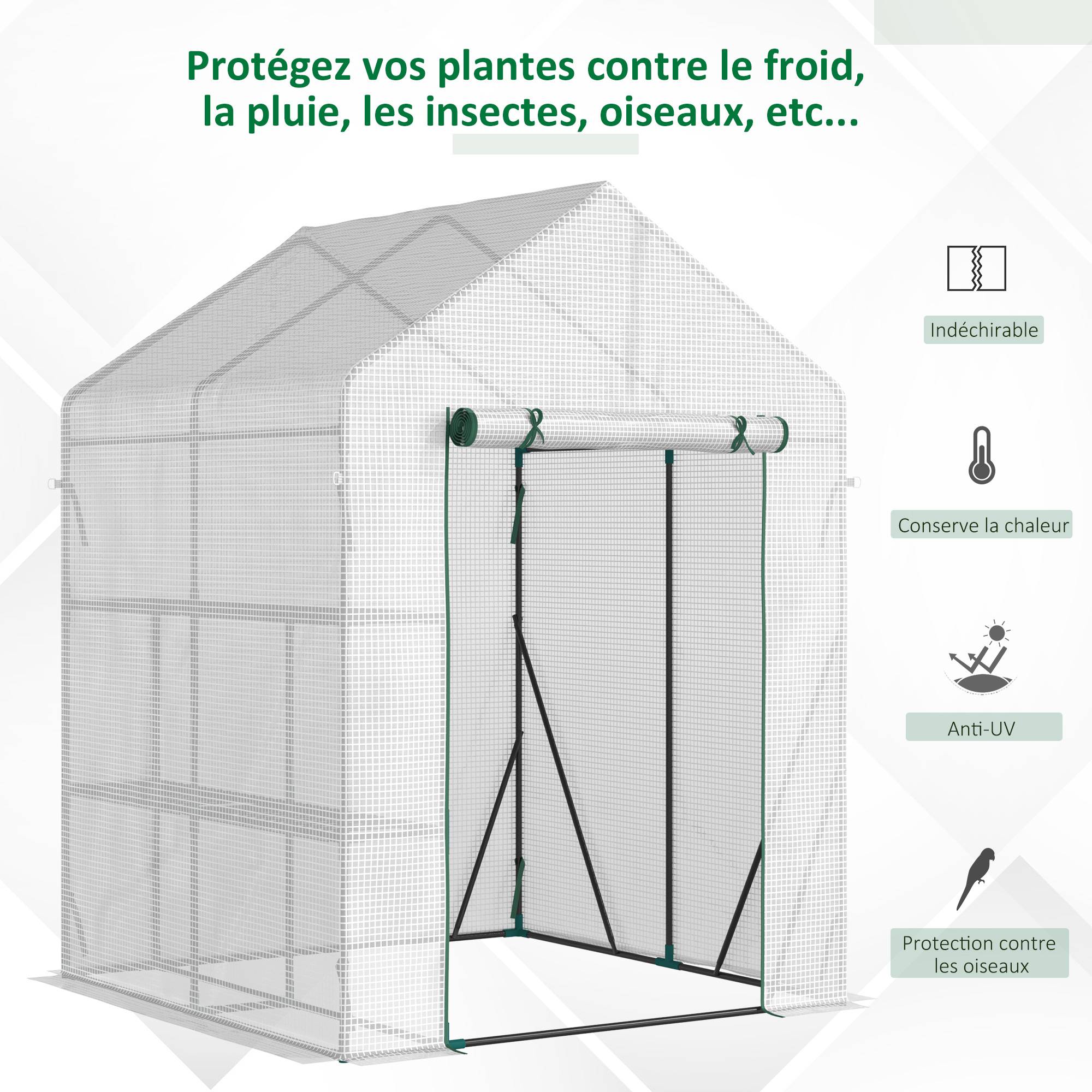 Serre de jardin PE 2 niveaux 143x143x195 cm avec étagères, bâche renforcée 140 g/m², structure acier, porte zippée, blanc - Image 6