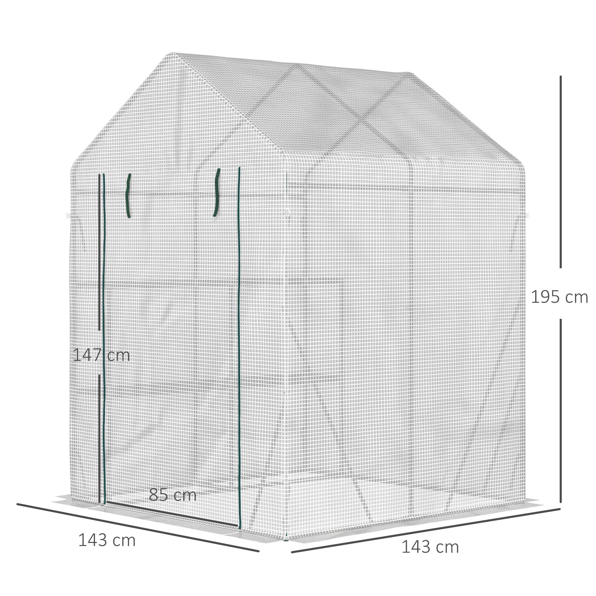 Serre de jardin PE 2 niveaux 143x143x195 cm avec étagères, bâche renforcée 140 g/m², structure acier, porte zippée, blanc - Image 5