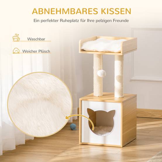 Arbre à Chat Niche Bois Chêne Sisal Repos Jeu Soin Griffes 35x35x81cm - ComfortXL Outdoor Living - Image 7