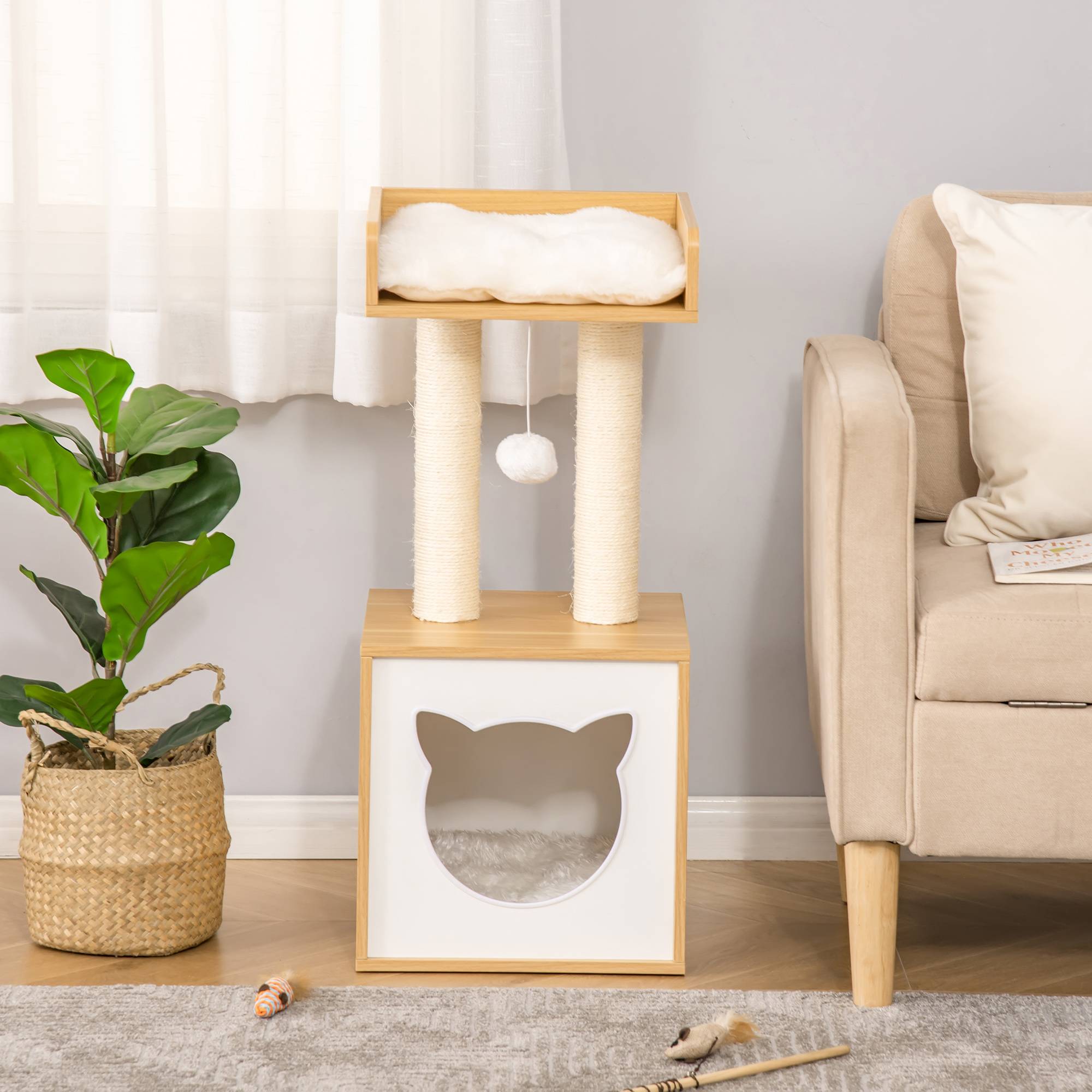 Arbre à Chat Niche Bois Chêne Sisal Repos Jeu Soin Griffes 35x35x81cm - ComfortXL Outdoor Living - Image 10