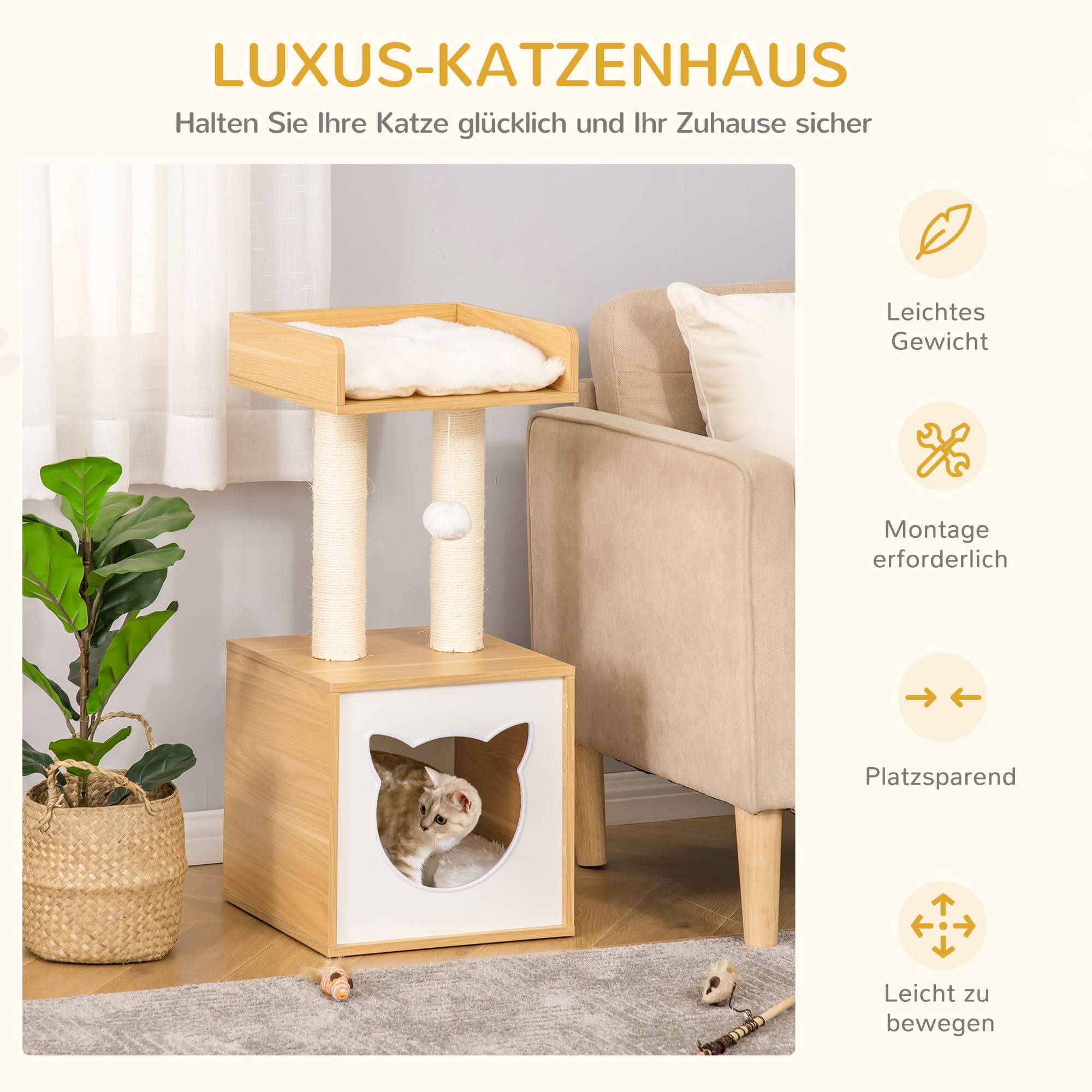 Arbre à Chat Niche Bois Chêne Sisal Repos Jeu Soin Griffes 35x35x81cm - ComfortXL Outdoor Living - Image 6