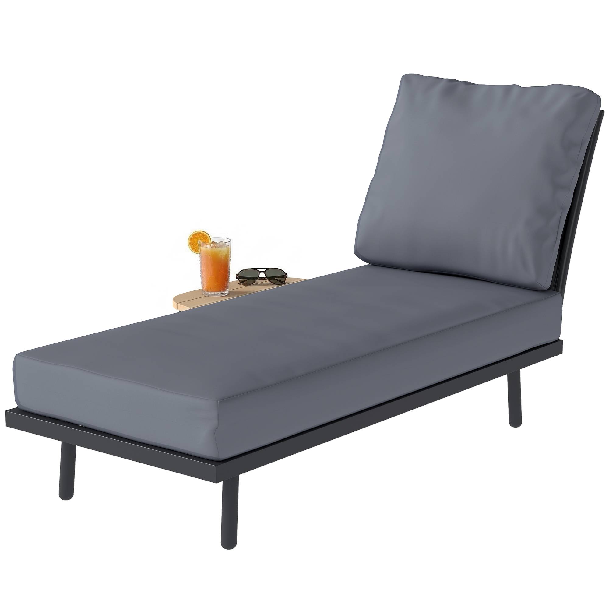 Chaise longue jardin avec coussins oléfine lavables et étagère latérale, cadre métal,58x137x75cm, gris - Image 2