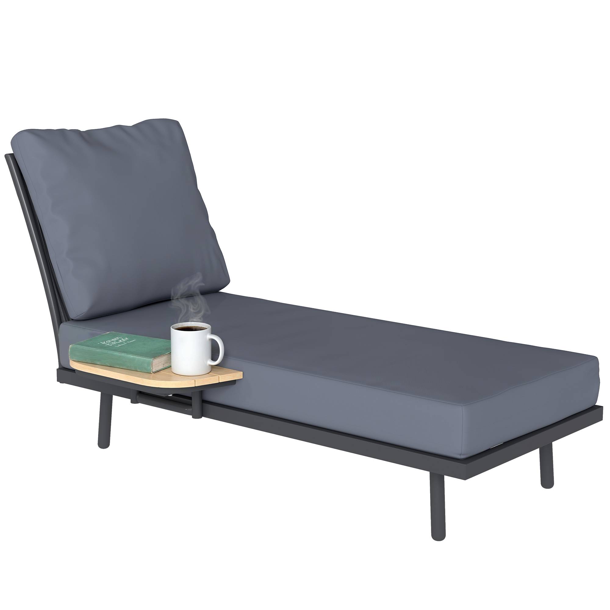 Chaise longue jardin avec coussins oléfine lavables et étagère latérale, cadre métal,58x137x75cm, gris - Image 1