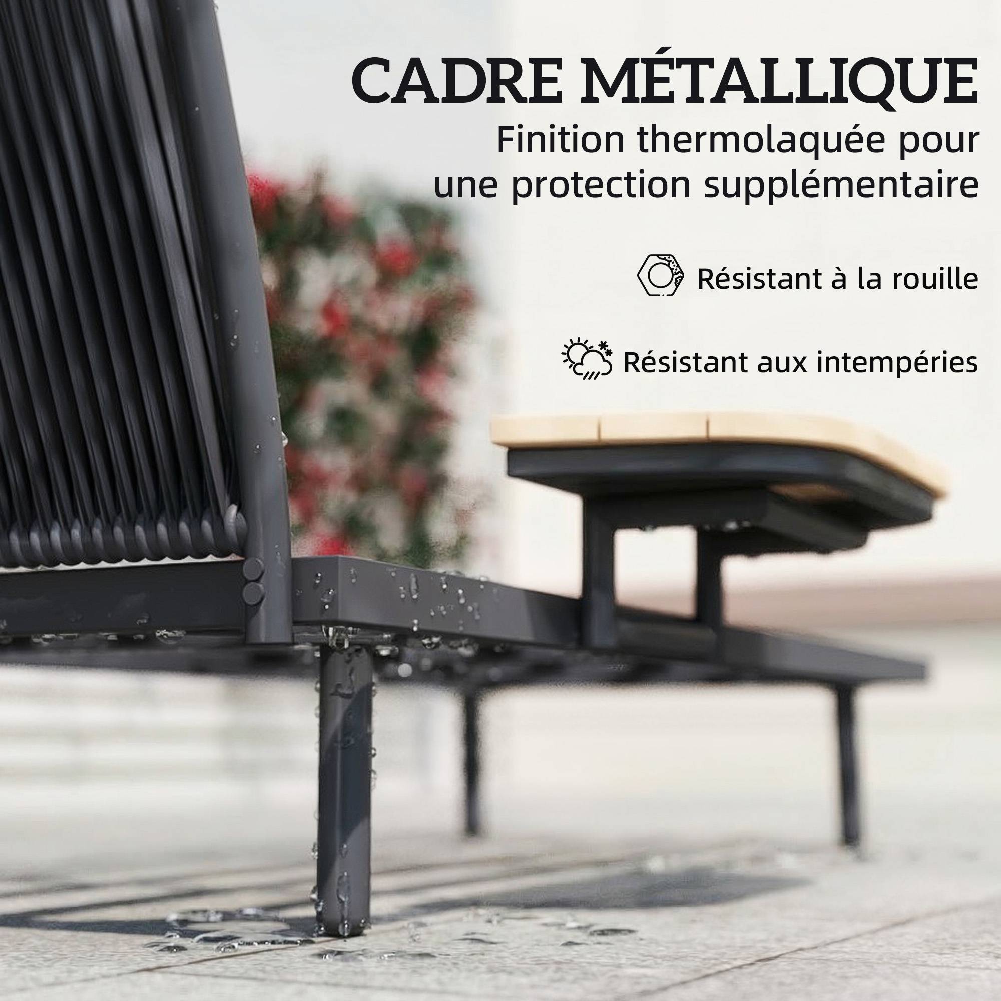 Chaise longue jardin avec coussins oléfine lavables et étagère latérale, cadre métal,58x137x75cm, gris - Image 8