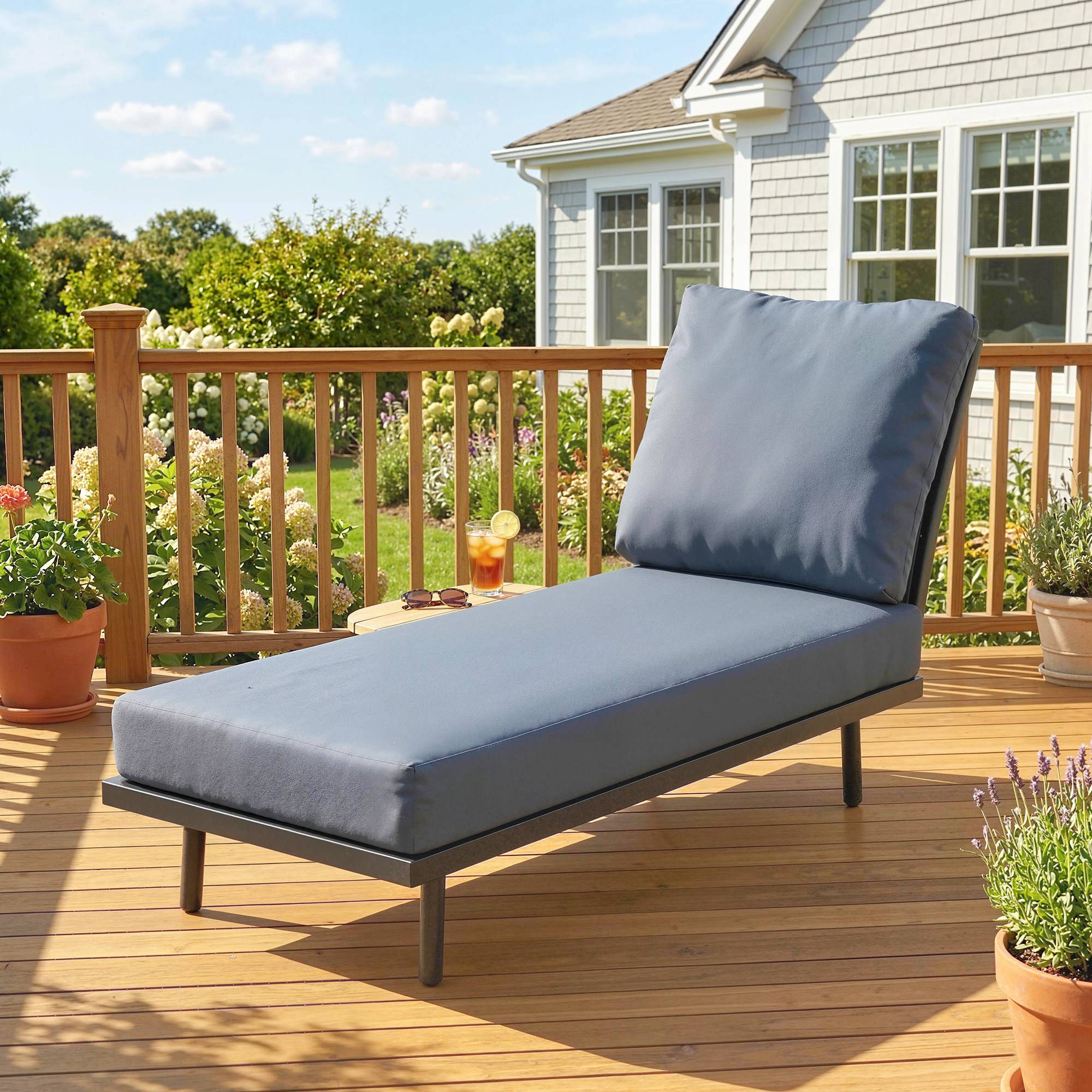 Chaise longue jardin avec coussins oléfine lavables et étagère latérale, cadre métal,58x137x75cm, gris - Image 4