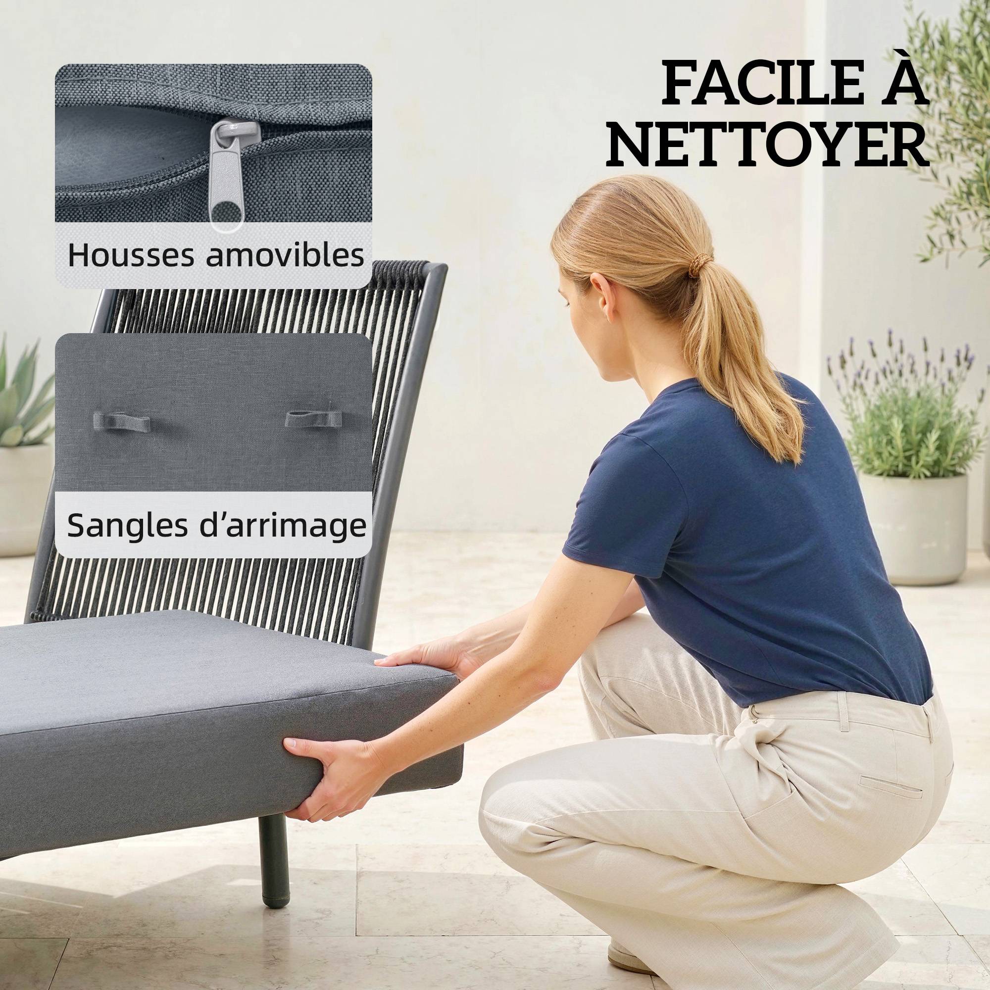Chaise longue jardin avec coussins oléfine lavables et étagère latérale, cadre métal,58x137x75cm, gris - Image 10