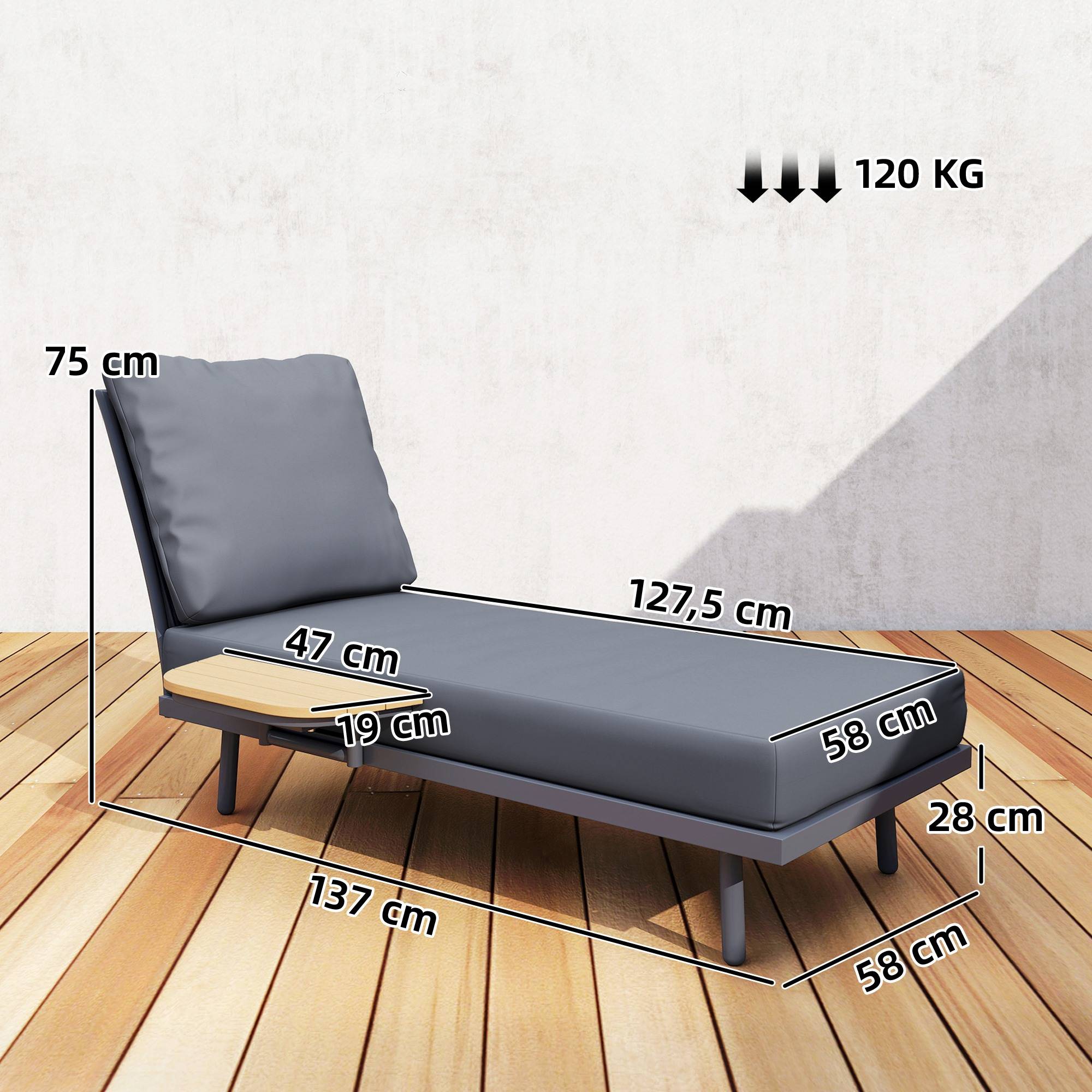 Chaise longue jardin avec coussins oléfine lavables et étagère latérale, cadre métal,58x137x75cm, gris - Image 5