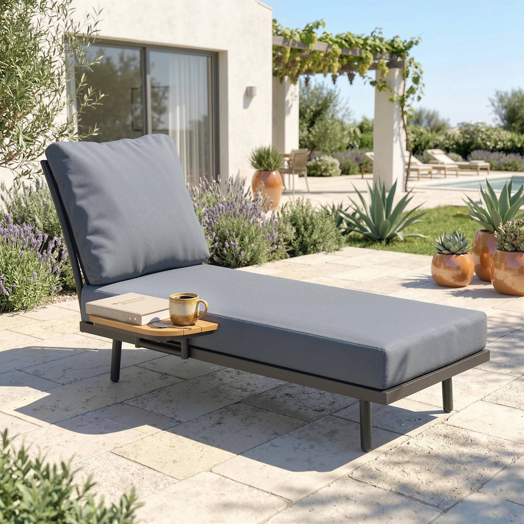 Chaise longue jardin avec coussins oléfine lavables et étagère latérale, cadre métal,58x137x75cm, gris - Image 3