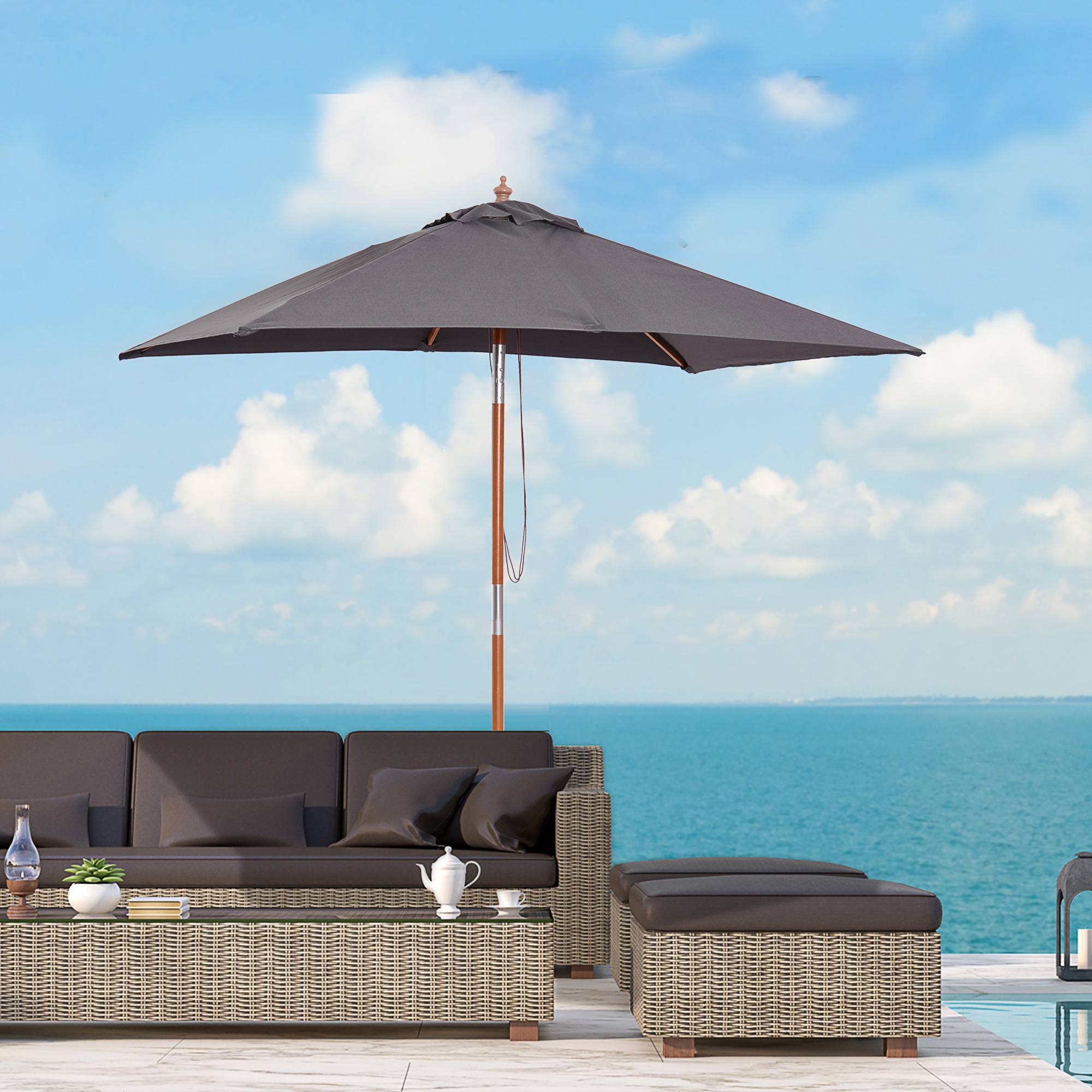 Parasol de jardin rectangulaire 200 x 150 x 235 cm, inclinable, avec traitement anti-UV et mât en bois, pour terrasse ou patio, gris foncé - Image 4