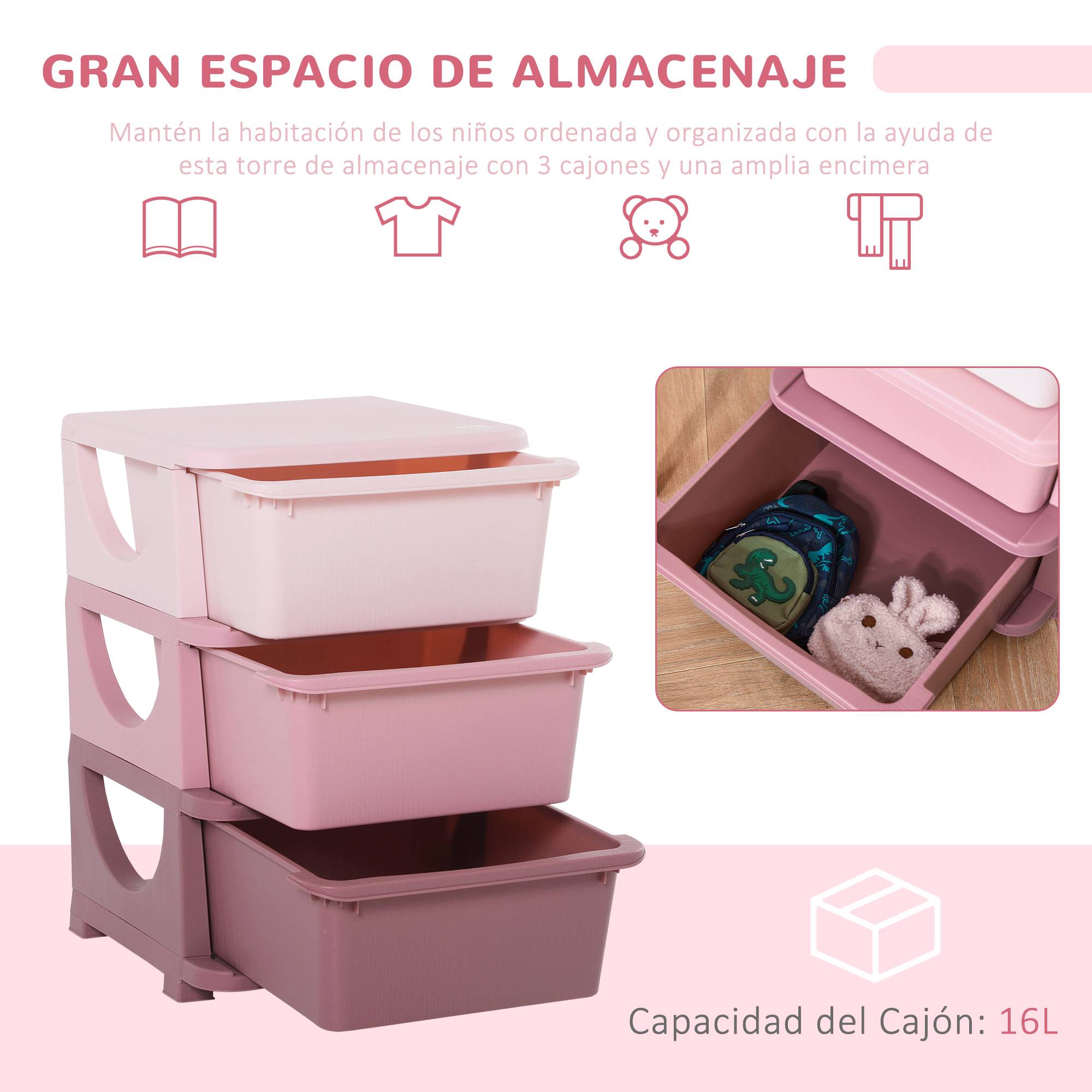 Organiseur de tiroir en plastique pour enfants, 3 tiroirs avec poignées, pour jouets, vêtements, livres, 37 x 37 x 56,5 cm, beige - Image 6