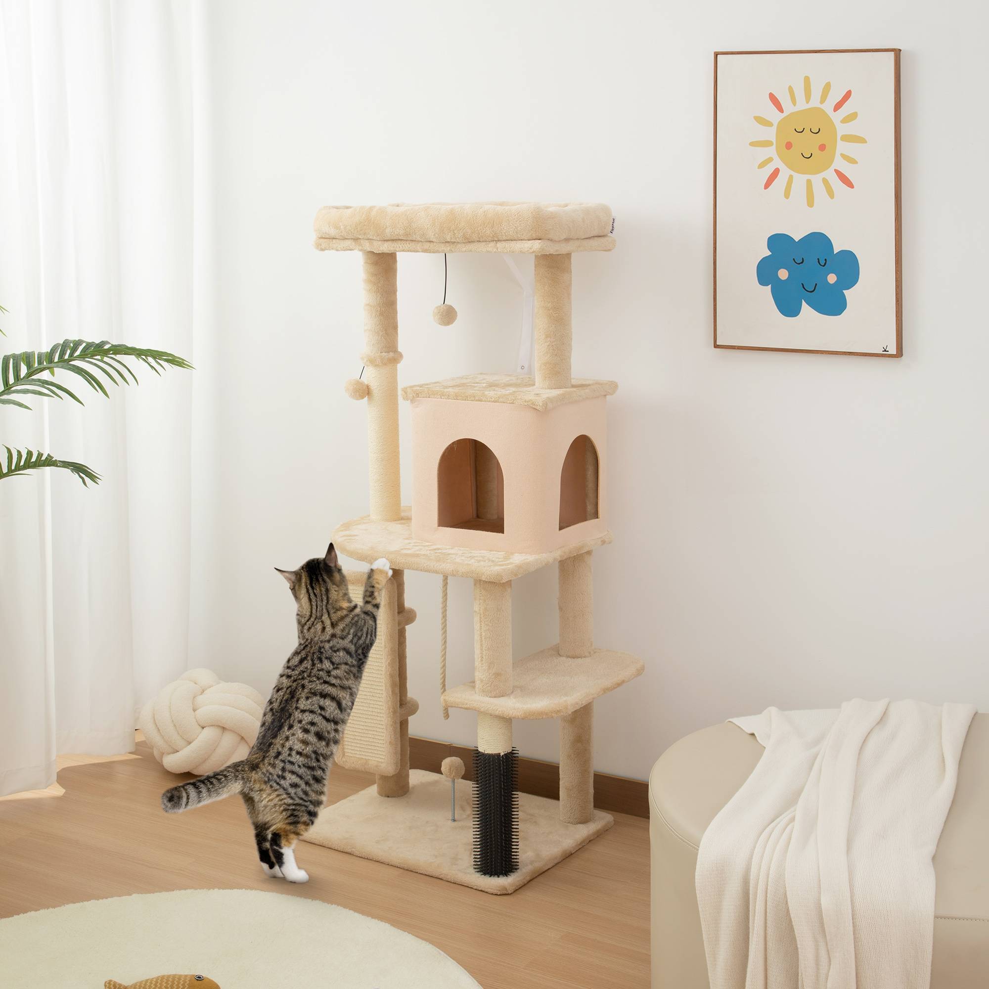 Arbre à Chats 132 cm avec Lit Niche Brosse de Massage et Poteaux en Sisal Beige - ComfortXL Outdoor Living - Image 4