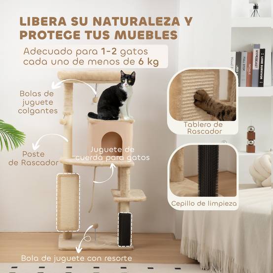Arbre à Chats 132 cm avec Lit Niche Brosse de Massage et Poteaux en Sisal Beige - ComfortXL Outdoor Living - Image 7