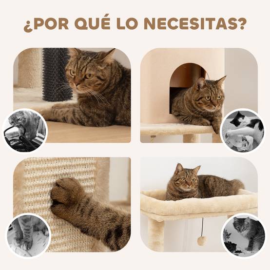 Arbre à Chats 132 cm avec Lit Niche Brosse de Massage et Poteaux en Sisal Beige - ComfortXL Outdoor Living - Image 9