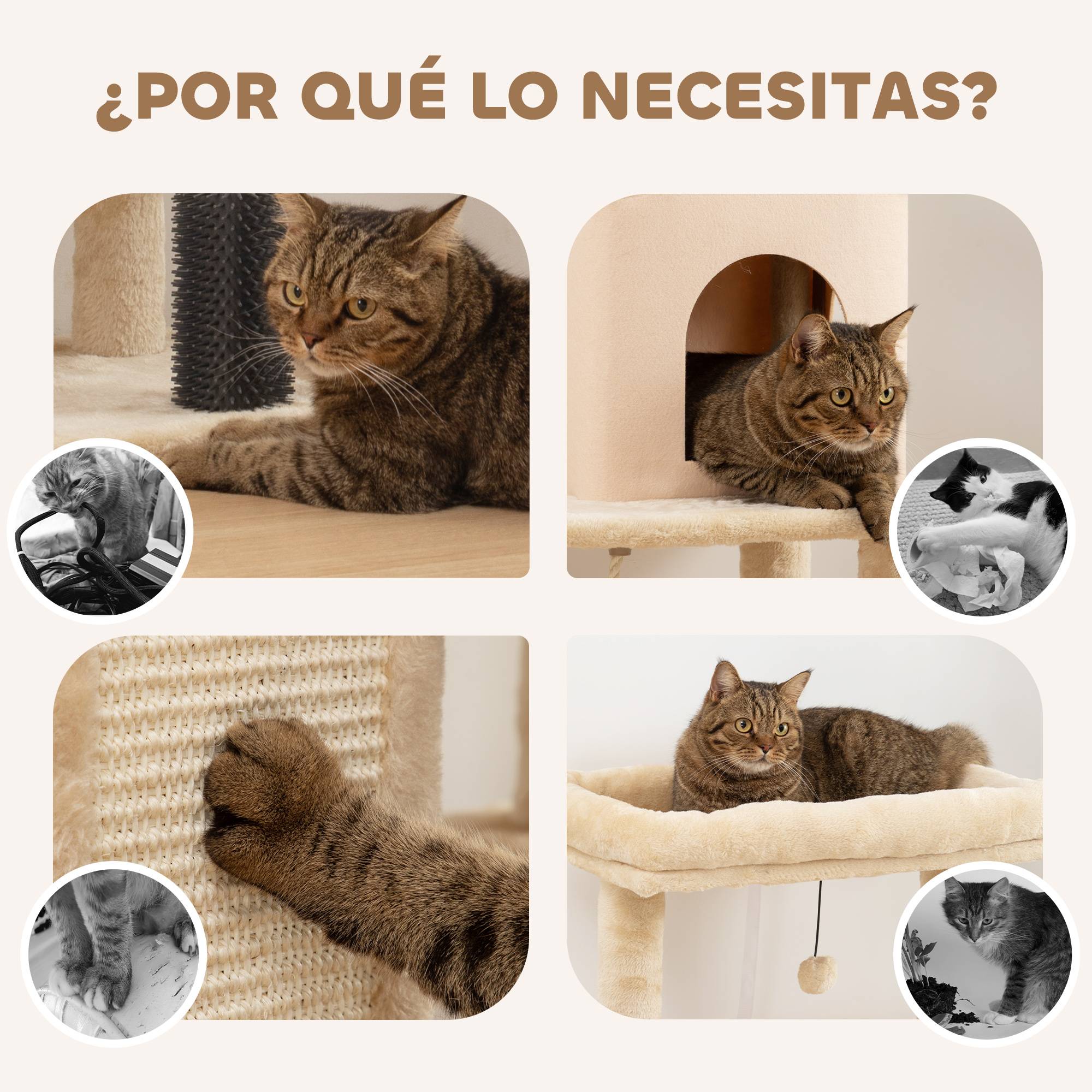 Arbre à Chats 132 cm avec Lit Niche Brosse de Massage et Poteaux en Sisal Beige - ComfortXL Outdoor Living - Image 9