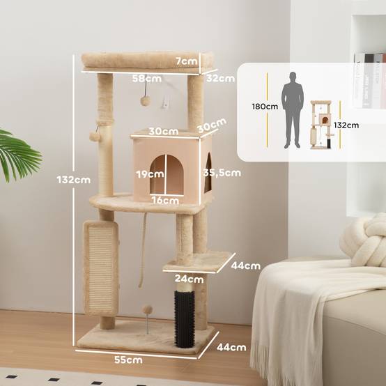 Arbre à Chats 132 cm avec Lit Niche Brosse de Massage et Poteaux en Sisal Beige - ComfortXL Outdoor Living - Image 5