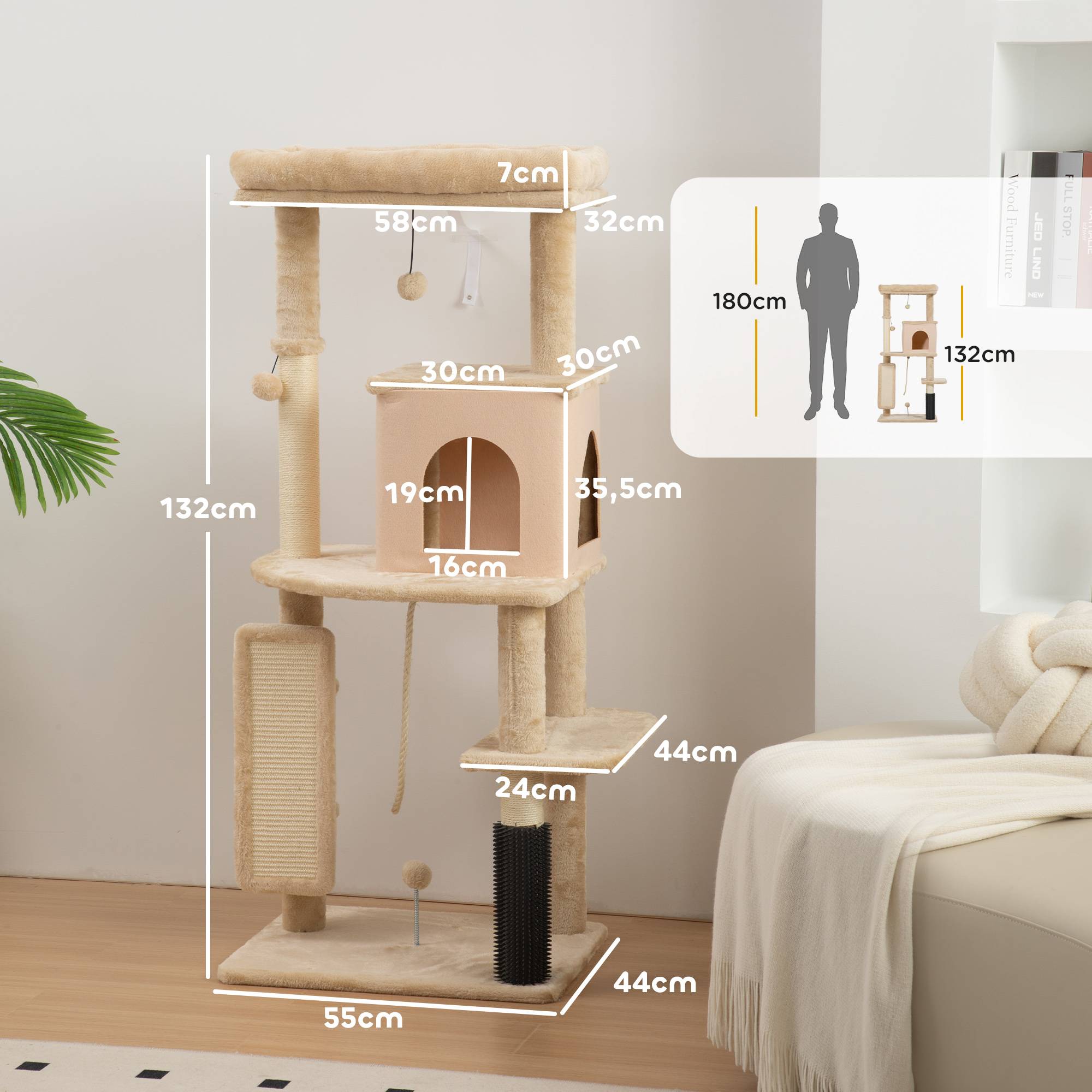 Arbre à Chats 132 cm avec Lit Niche Brosse de Massage et Poteaux en Sisal Beige - ComfortXL Outdoor Living - Image 5