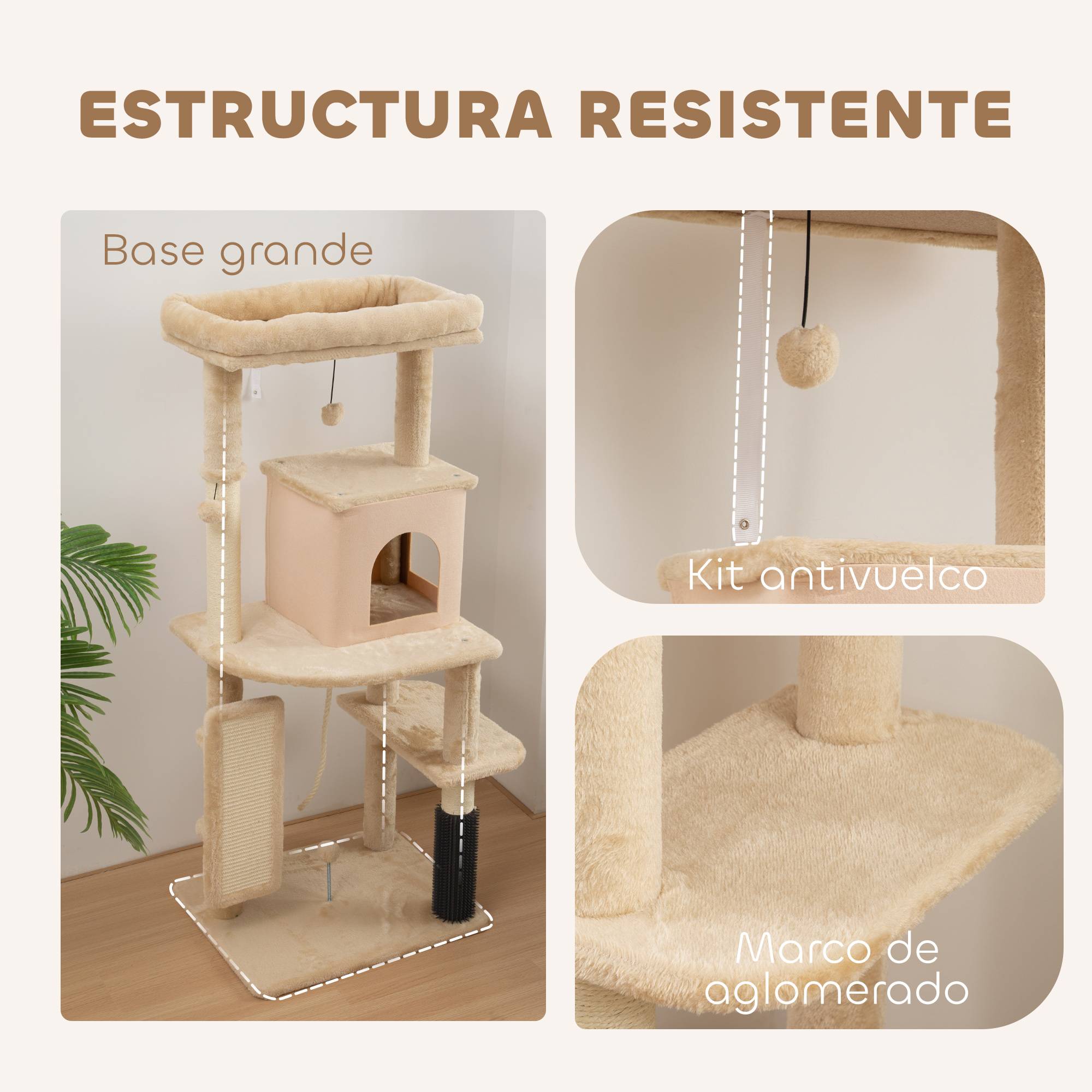 Arbre à Chats 132 cm avec Lit Niche Brosse de Massage et Poteaux en Sisal Beige - ComfortXL Outdoor Living - Image 8