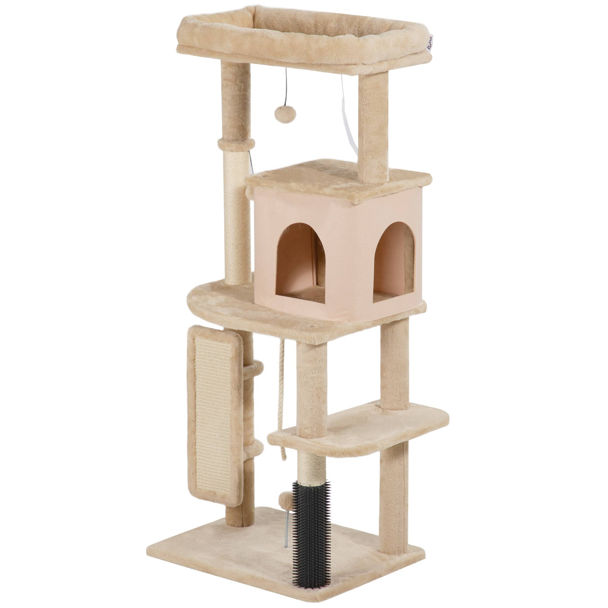 Arbre à Chats 132 cm avec Lit Niche Brosse de Massage et Poteaux en Sisal Beige - ComfortXL Outdoor Living - Image 2