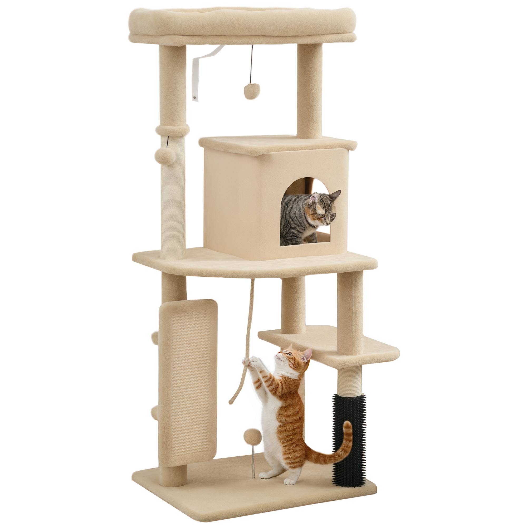 Arbre à Chats 132 cm avec Lit Niche Brosse de Massage et Poteaux en Sisal Beige - ComfortXL Outdoor Living - Image 1