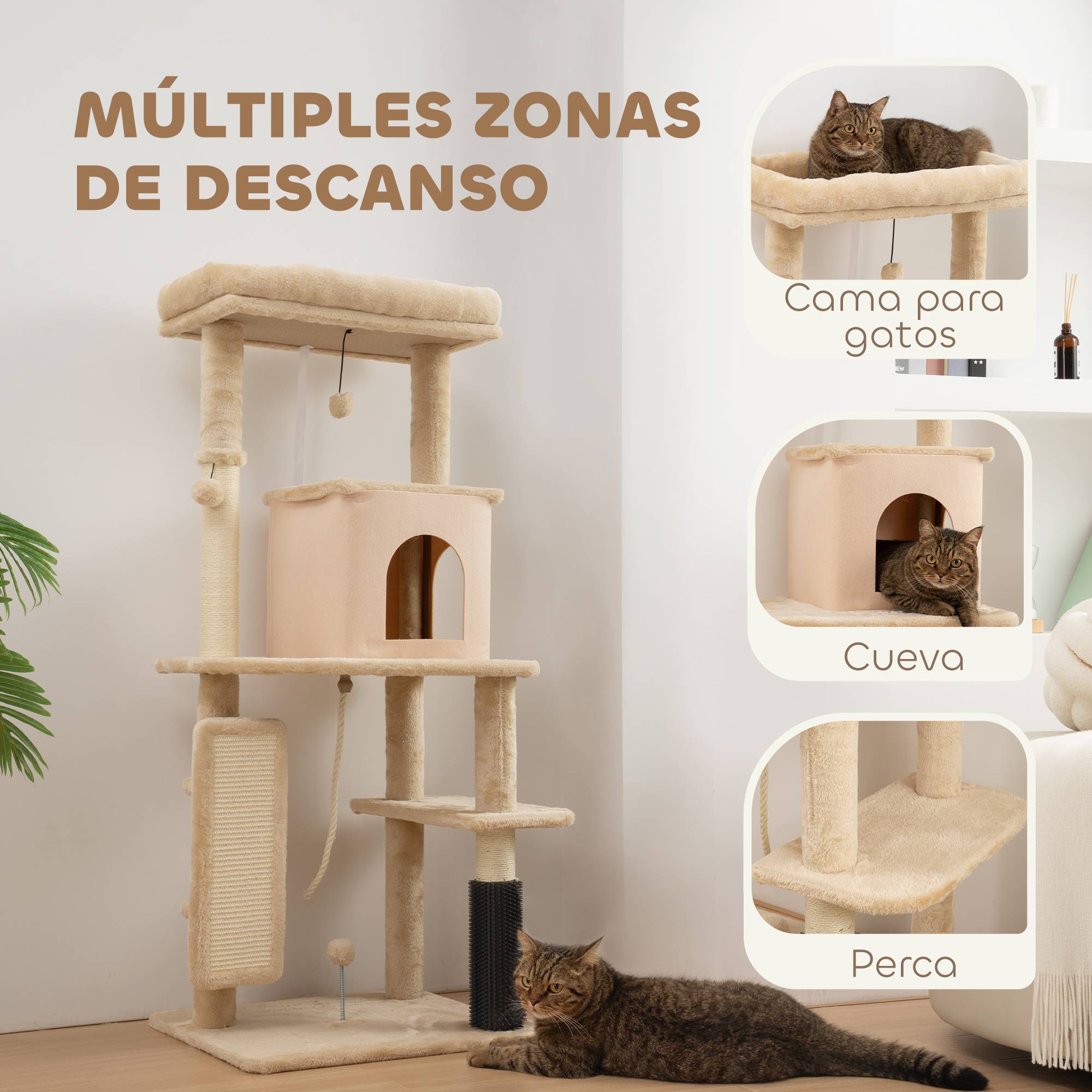 Arbre à Chats 132 cm avec Lit Niche Brosse de Massage et Poteaux en Sisal Beige - ComfortXL Outdoor Living - Image 6