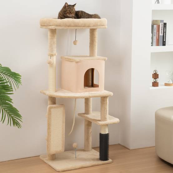 Arbre à Chats 132 cm avec Lit Niche Brosse de Massage et Poteaux en Sisal Beige - ComfortXL Outdoor Living - Image 3