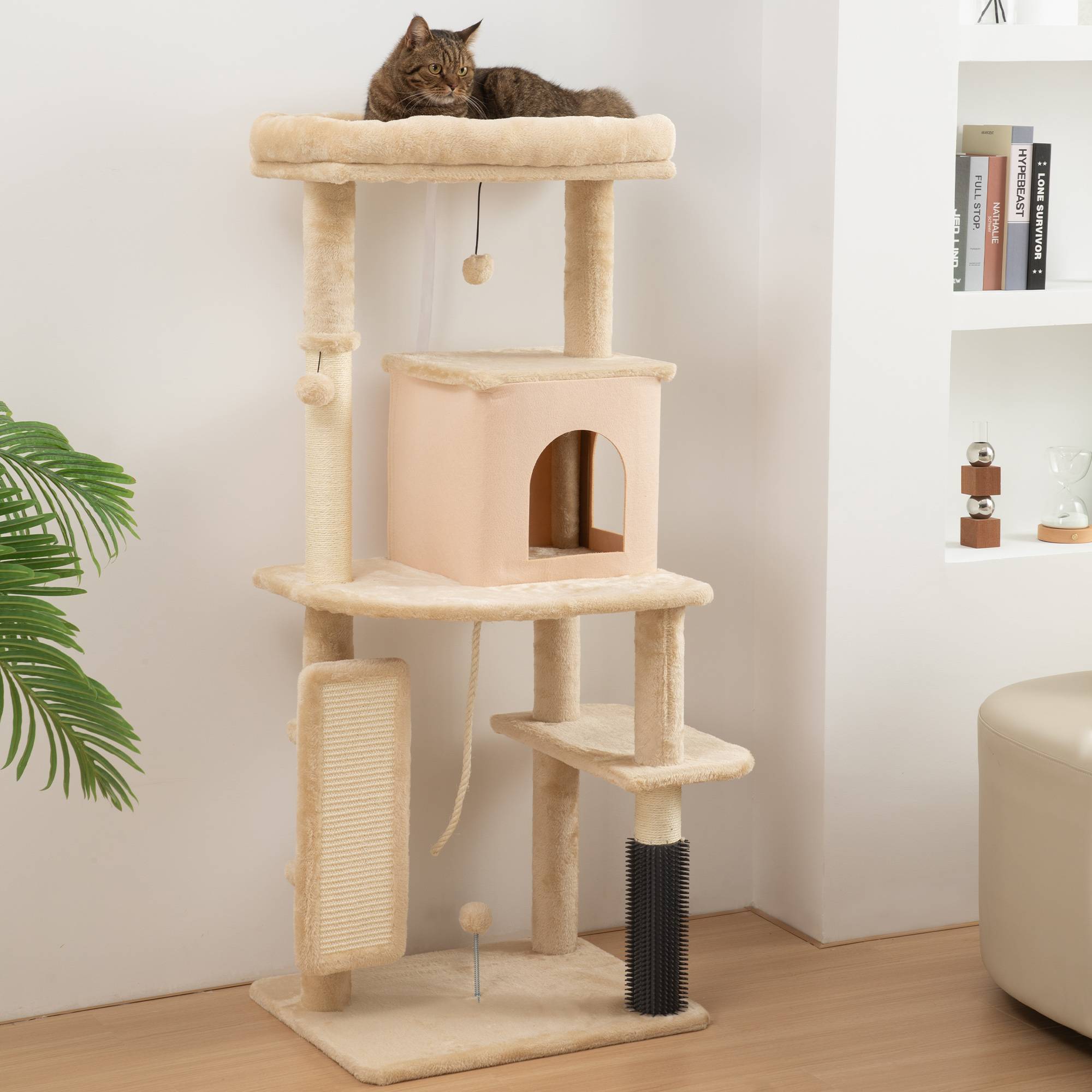 Arbre à Chats 132 cm avec Lit Niche Brosse de Massage et Poteaux en Sisal Beige - ComfortXL Outdoor Living - Image 3