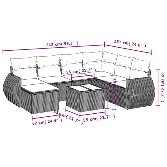 Salon de Jardin Bas 7 Places Résine Tressée Gris Modulable avec Table et Coussins 8 Pièces – ComfortXL Outdoor Living - Image 9