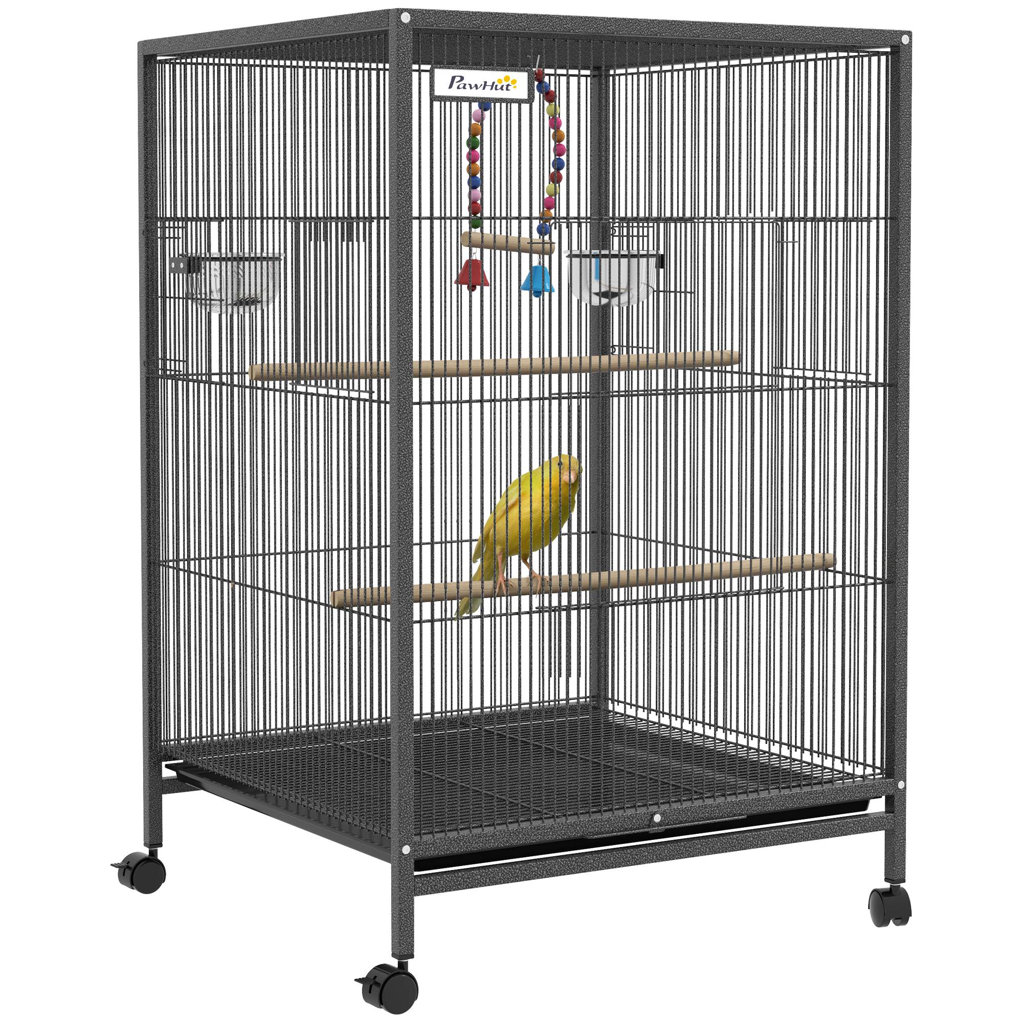 Cage oiseau sur pied cage sur roulettes avec balançoire, perchoirs et plateau coulissant 48 x 46 x 78 cm en acier noir