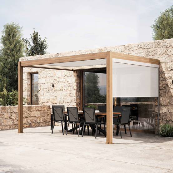 Oviala - Pergola bioclimatique adossée 3x4m et 1 store bois blanc Thebes - Oviala - Image 1