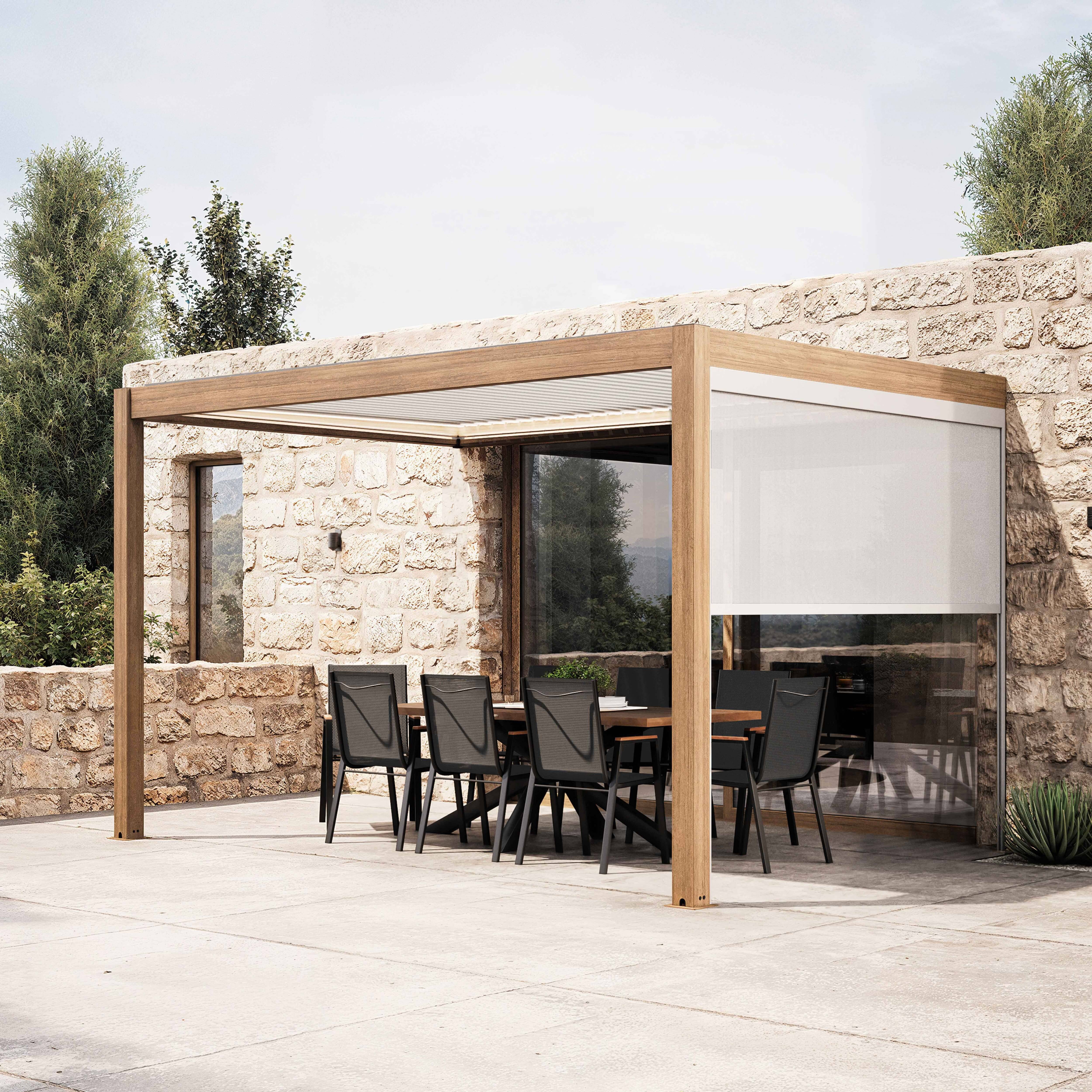 Oviala - Pergola bioclimatique adossée 3x4m et 1 store bois blanc Thebes - Oviala - Image 1