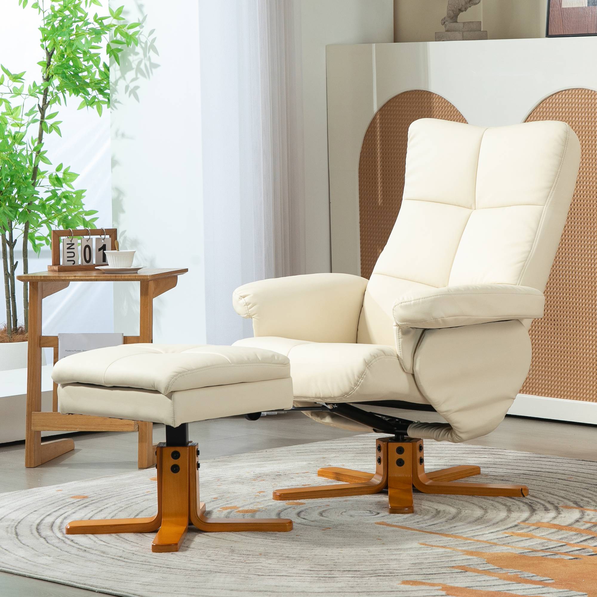 Sans Marque - Fauteuil relax avec repose-pied, fauteuil de relaxation, pivotant à 360°, dossier inclinable, 80 x 86 x 99 cm, crème - Image 4