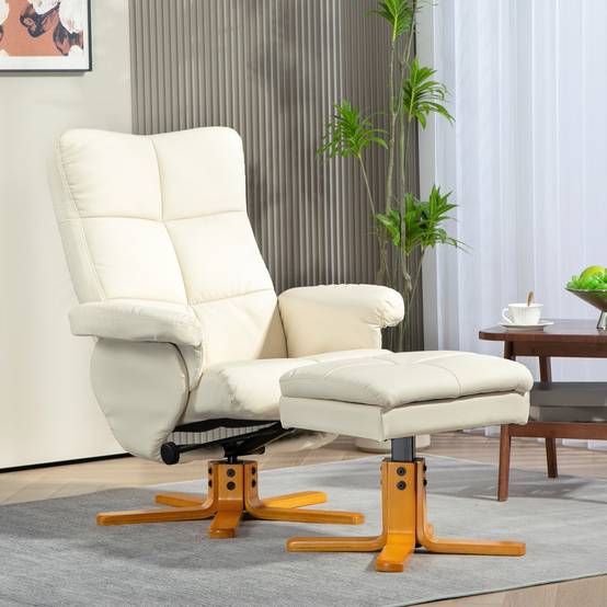 Sans Marque - Fauteuil relax avec repose-pied, fauteuil de relaxation, pivotant à 360°, dossier inclinable, 80 x 86 x 99 cm, crème - Image 3