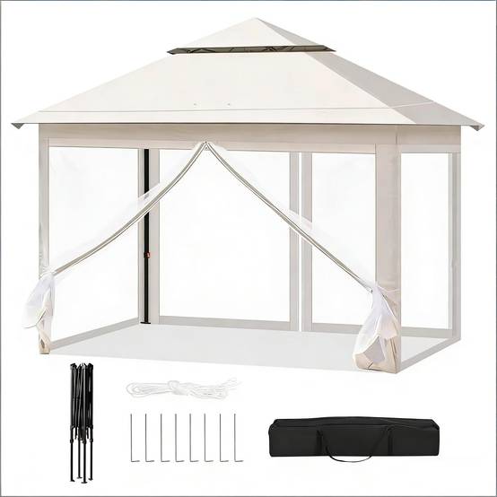 ComfortXL - Tonnelle pliante acier Oxford terrasse et camping avec moustiquaire 3x3m beige - ComfortXL Outdoor Living - Image 8