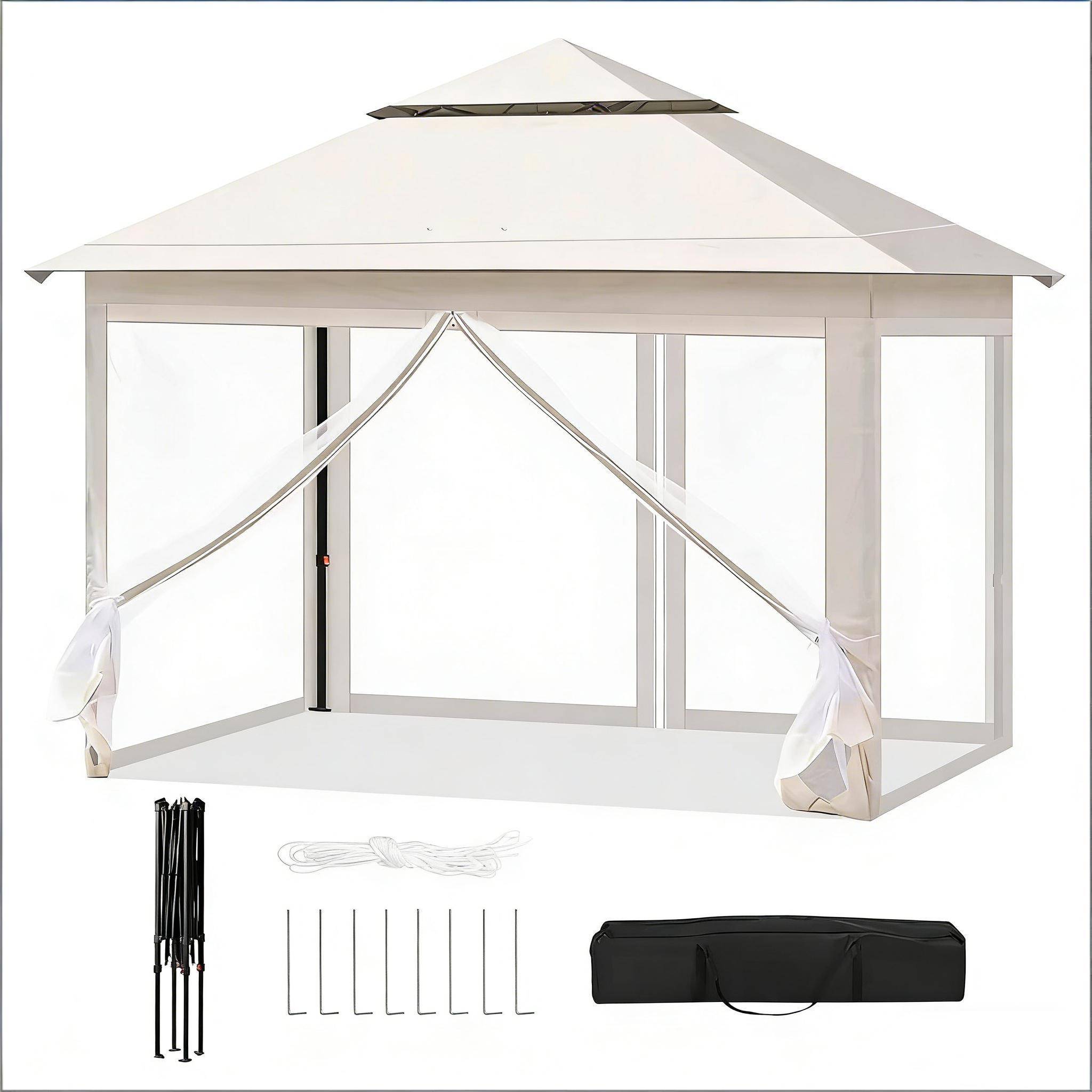 ComfortXL - Tonnelle pliante acier Oxford terrasse et camping avec moustiquaire 3x3m beige - ComfortXL Outdoor Living - Image 8