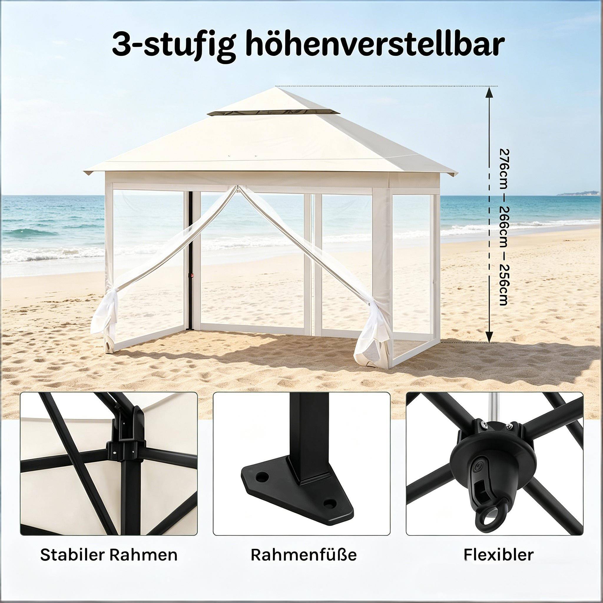 ComfortXL - Tonnelle pliante acier Oxford terrasse et camping avec moustiquaire 3x3m beige - ComfortXL Outdoor Living - Image 4