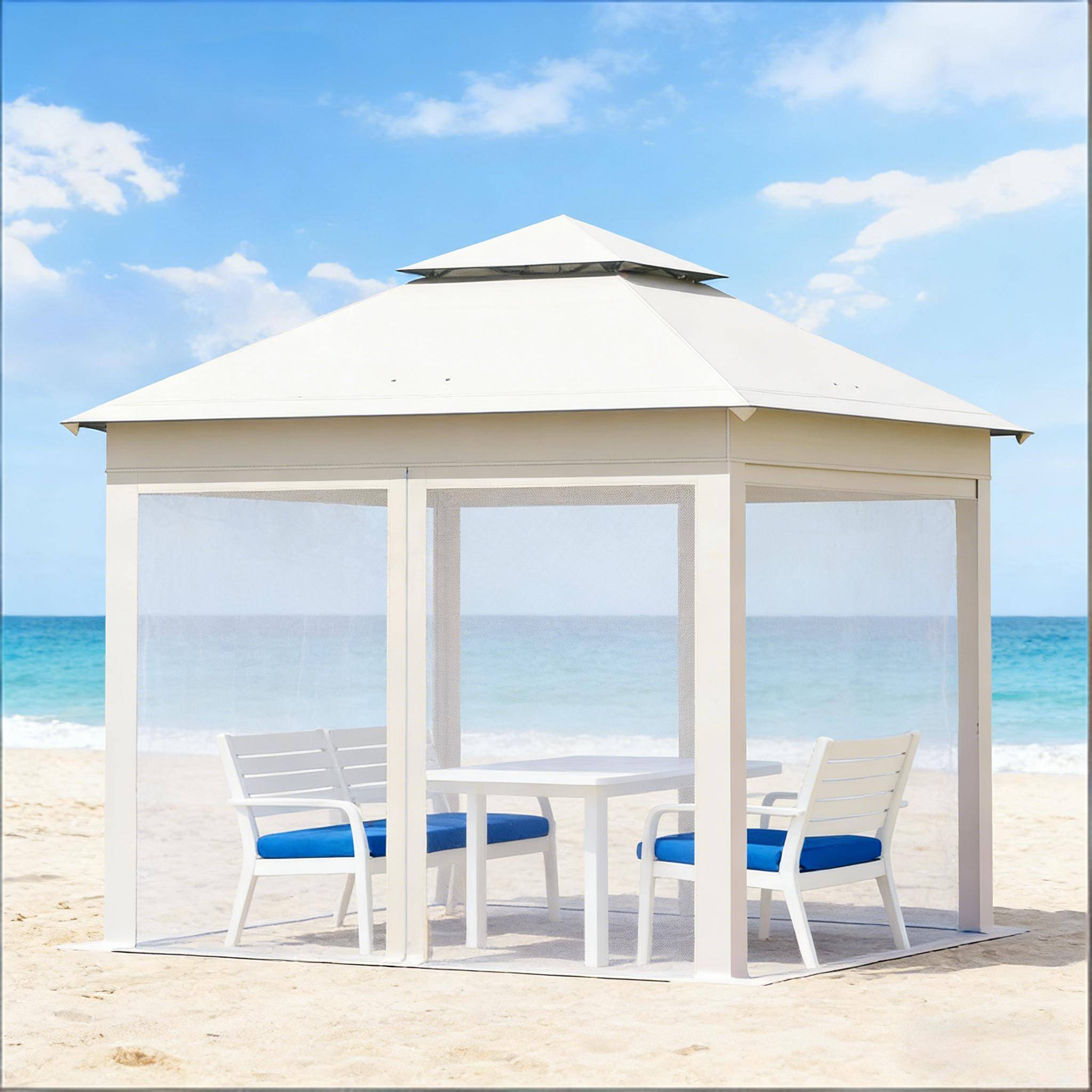ComfortXL - Tonnelle pliante acier Oxford terrasse et camping avec moustiquaire 3x3m beige - ComfortXL Outdoor Living - Image 6