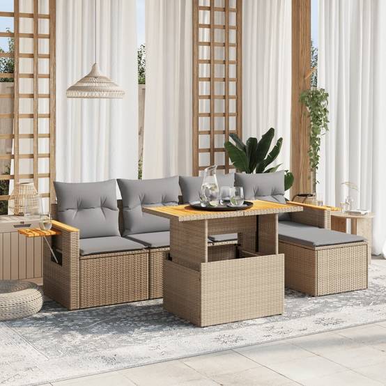 Salon de jardin 6 places Beige Résine Tressée Table Réglable avec Tablette Côté – ComfortXL Outdoor Living - Image 1