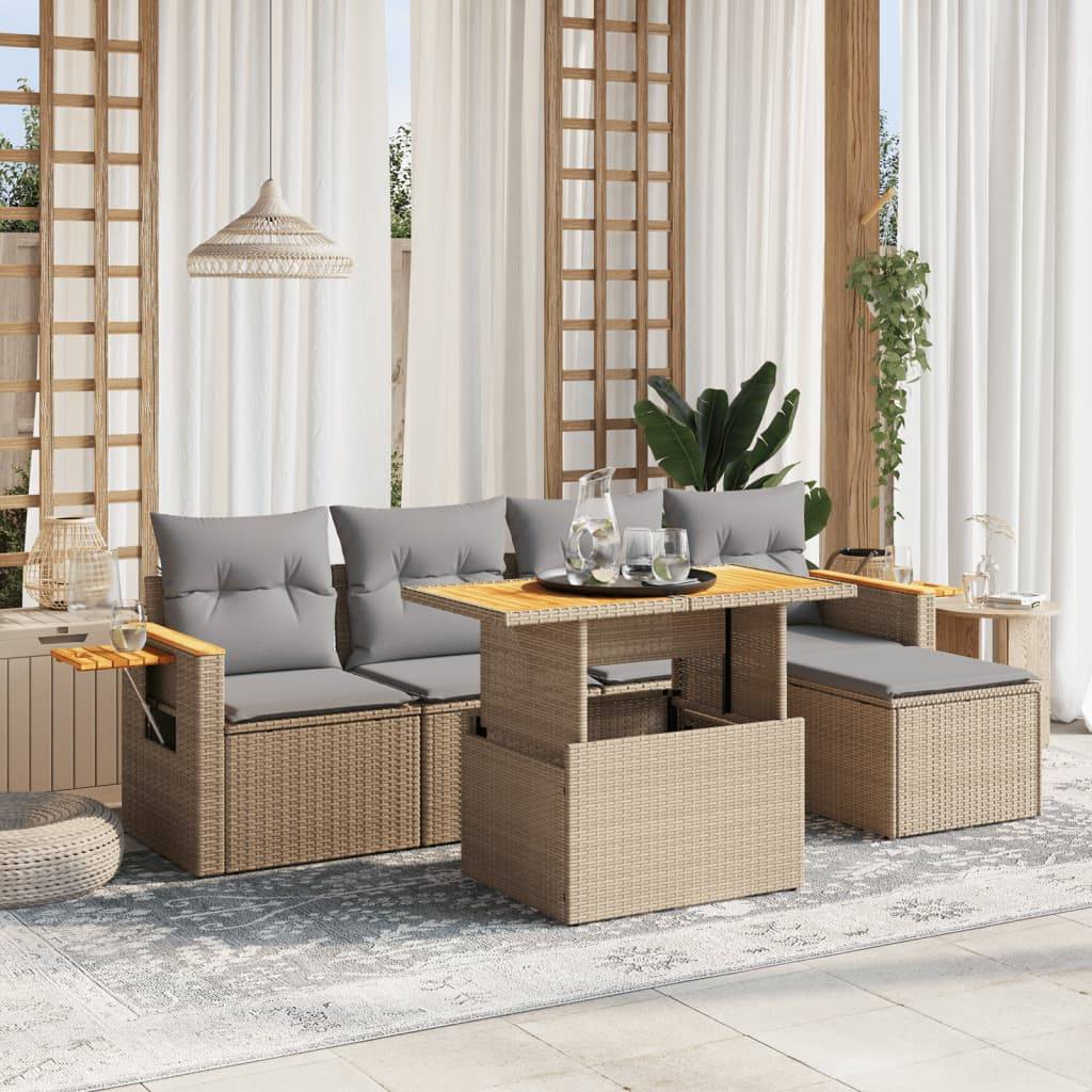 Salon de jardin 6 places Beige Résine Tressée Table Réglable avec Tablette Côté – ComfortXL Outdoor Living - Image 1